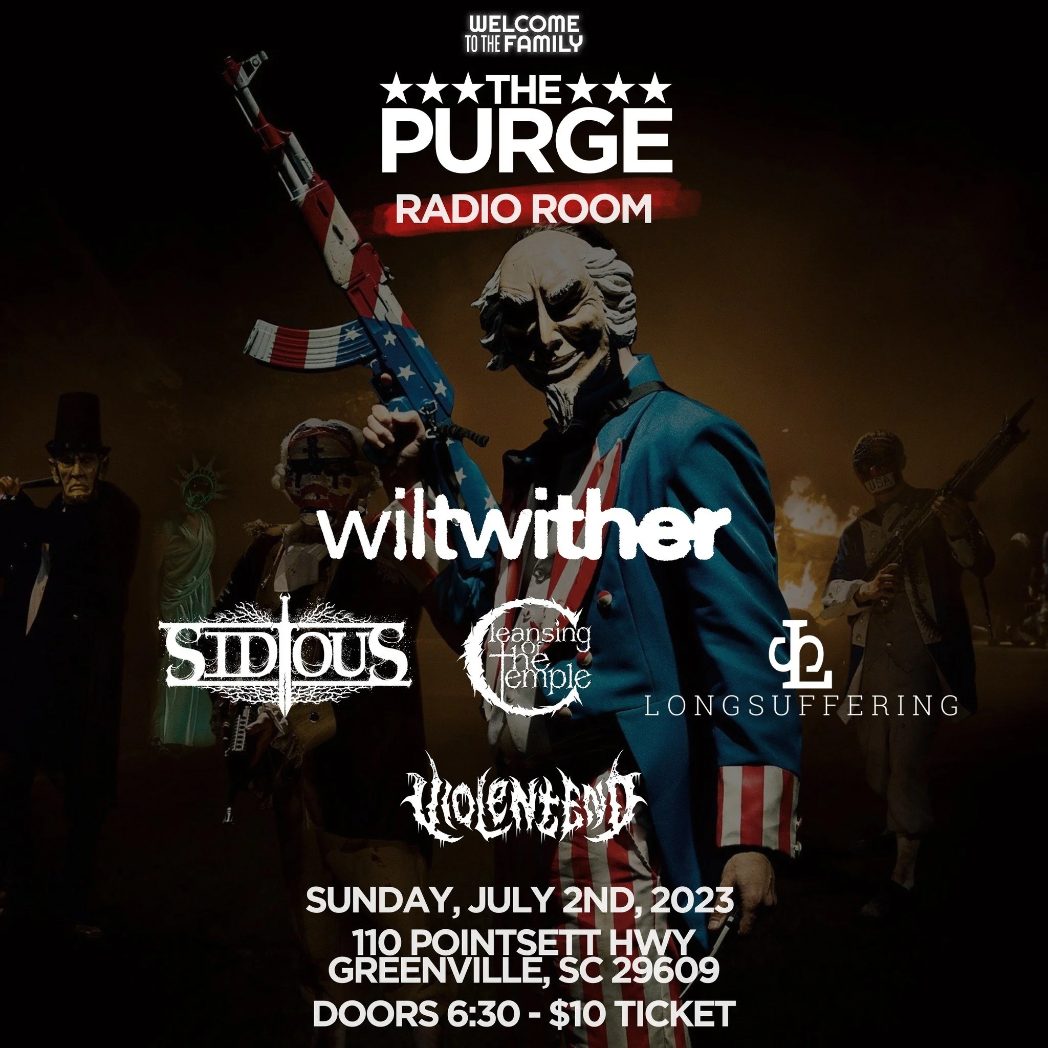 Promotional poster for "The Purge" event at Radio Room in Greenville, SC, featuring bands Wiltwither, Sidious, Cleansing the Temple, Longsuffering, and Violemek. Graphic shows masked figures with an American flag-themed gun. Event date: July 2, 2023. Address: 110 Poinsett Hwy. Doors at 6:30 PM, $10 ticket.
