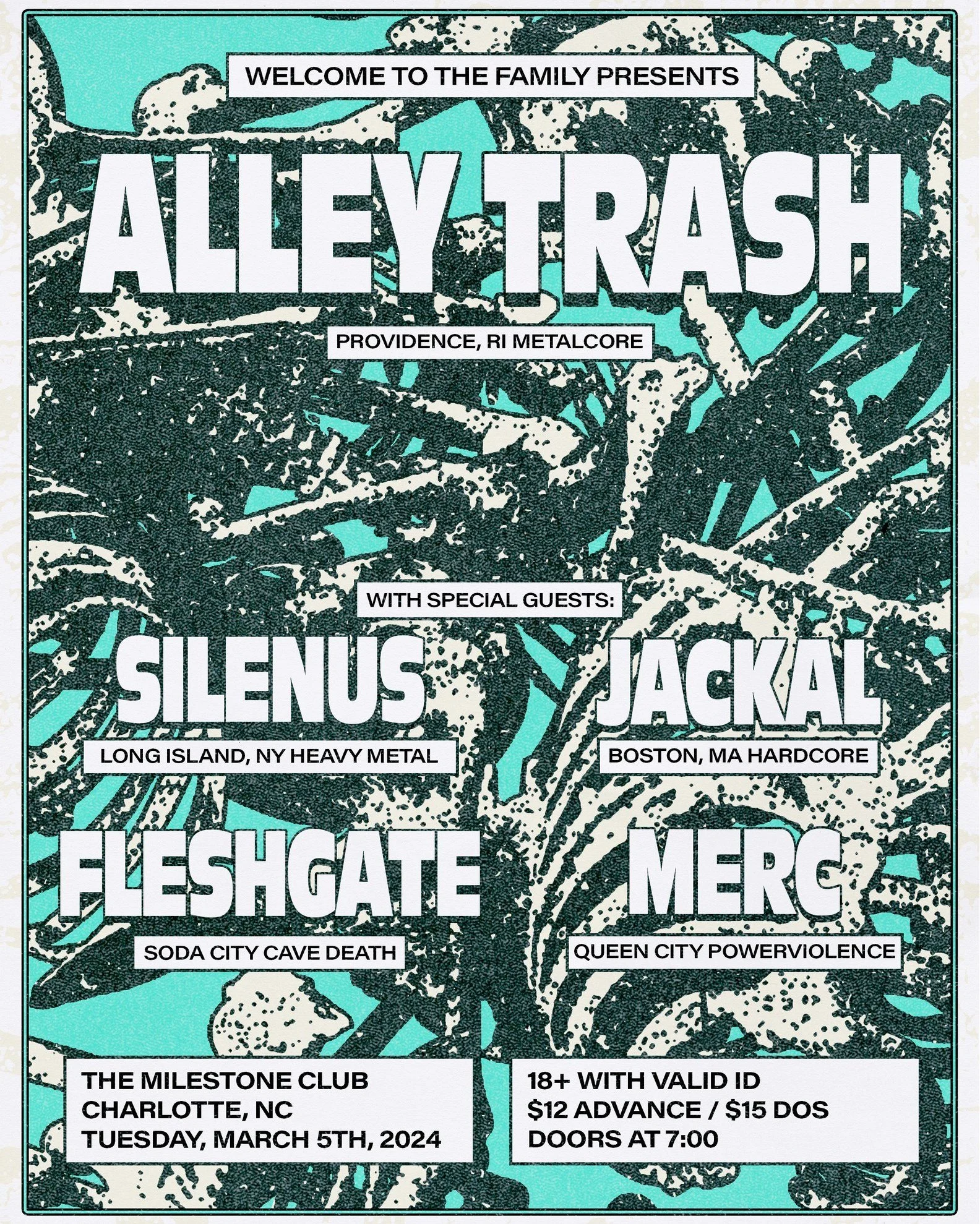 Concert poster for "Alley Trash" event in Charlotte, NC on March 5, 2024, featuring bands Alley Trash, Silenus, Jackal, Fleshgate, and Merg. The event is 18+ with tickets priced at $12 in advance or $15 at the door. Doors open at 7:00 PM. Venue: The Milestone Club.
