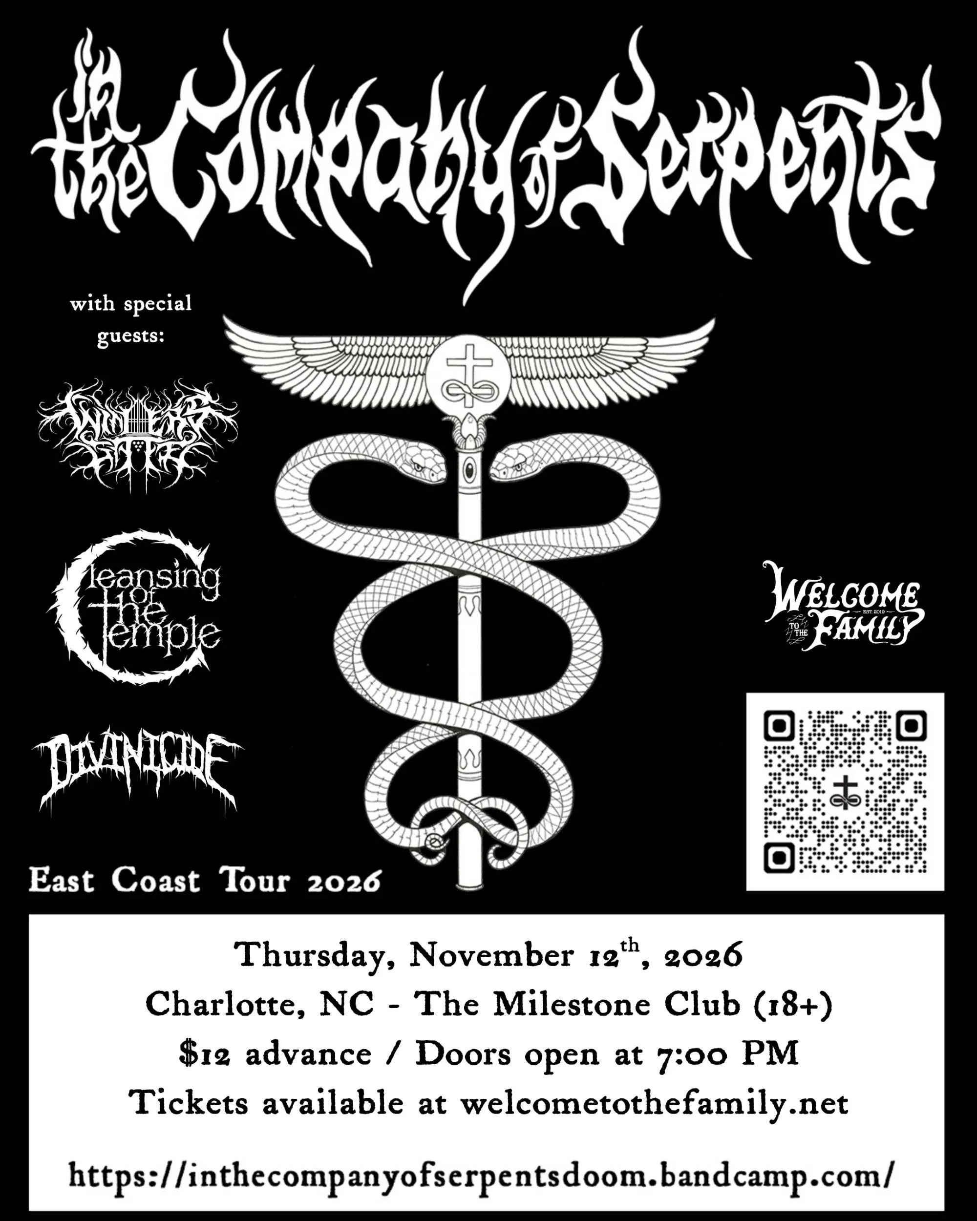 Live Music Event Flyer: In The Company of Serpents, Winter's Gate, Cleansing of the Temple + Divinicide at The Milestone Club, Charlotte, NC on November 12, 2026