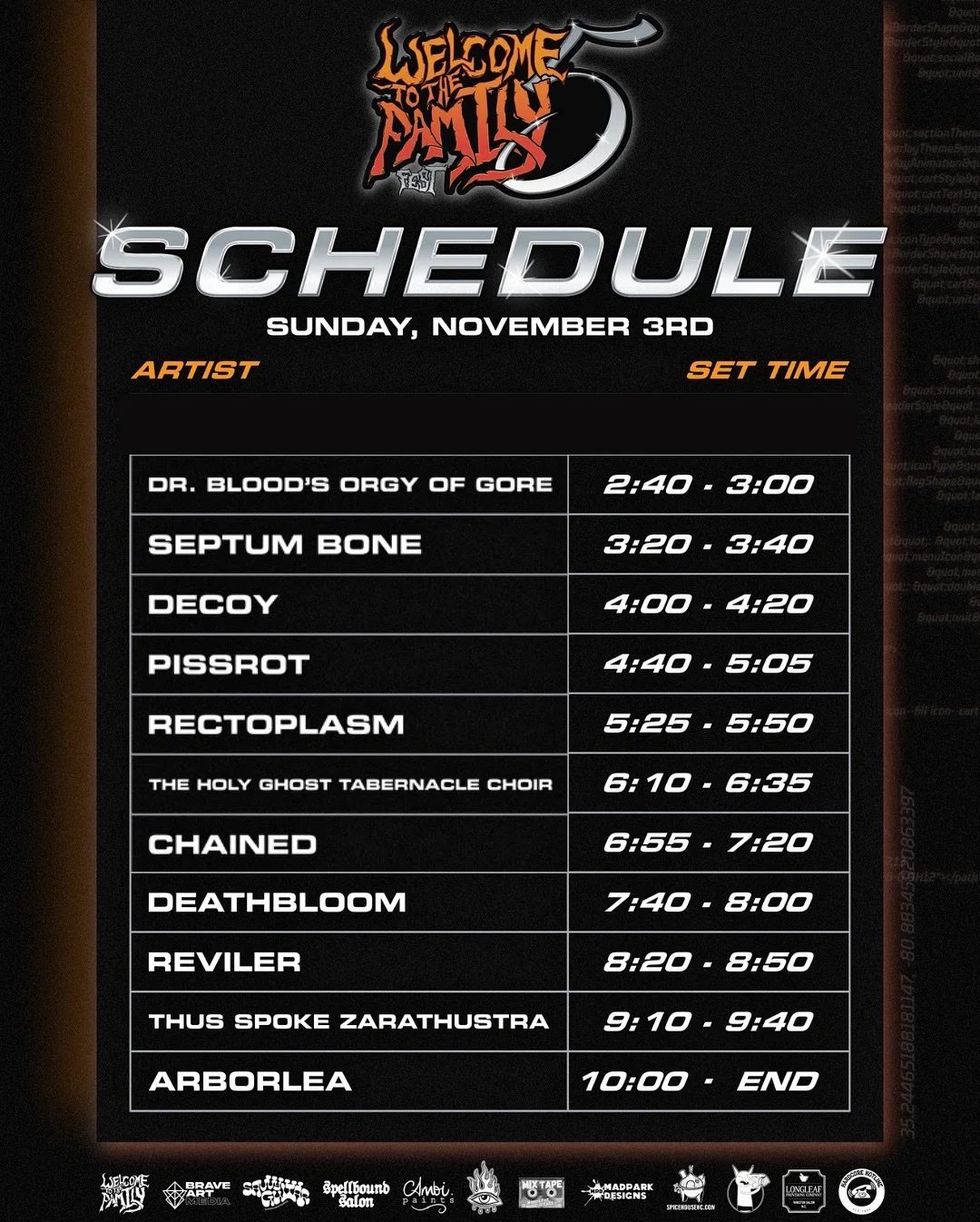 Concert schedule for "Welcome to the Family Fest" on Sunday, November 3rd, listing artists and set times.