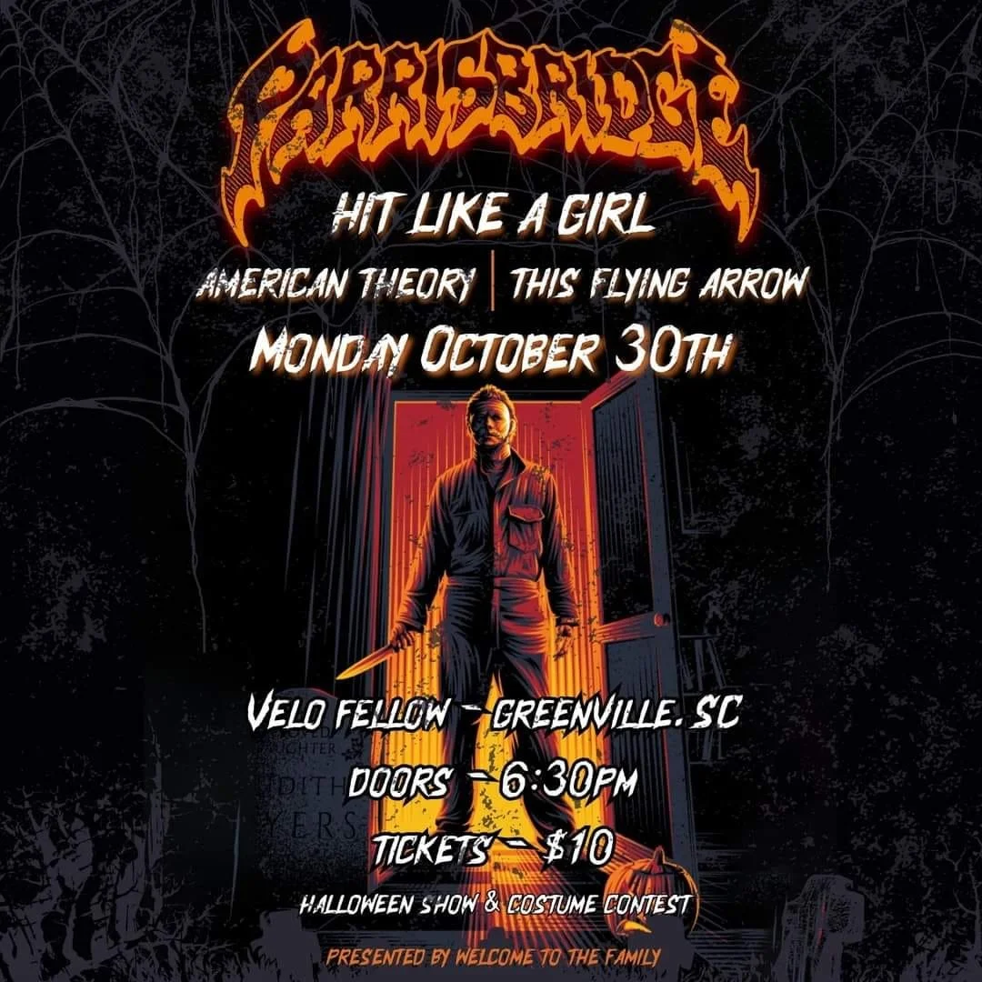 Concert poster for "ParrisBridge," "Hit Like A Girl," "American Theory," and "This Flying Arrow" on October 30th at Velo Fellow, Greenville, SC. Shows doors opening at 6:30 PM, tickets $10. Promotes a Halloween show and costume contest.