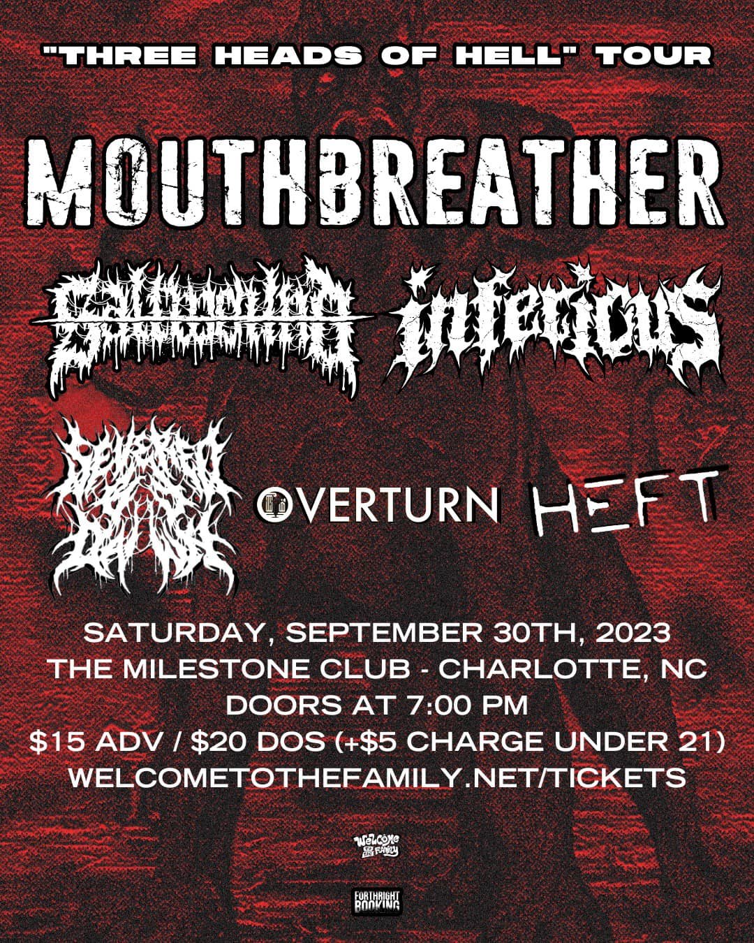 Concert flyer for the 'Three Heads of Hell' tour featuring Mouthbreather, Guillotine, Inferious, and others. Event is on September 30, 2023, at The Milestone Club in Charlotte, NC.