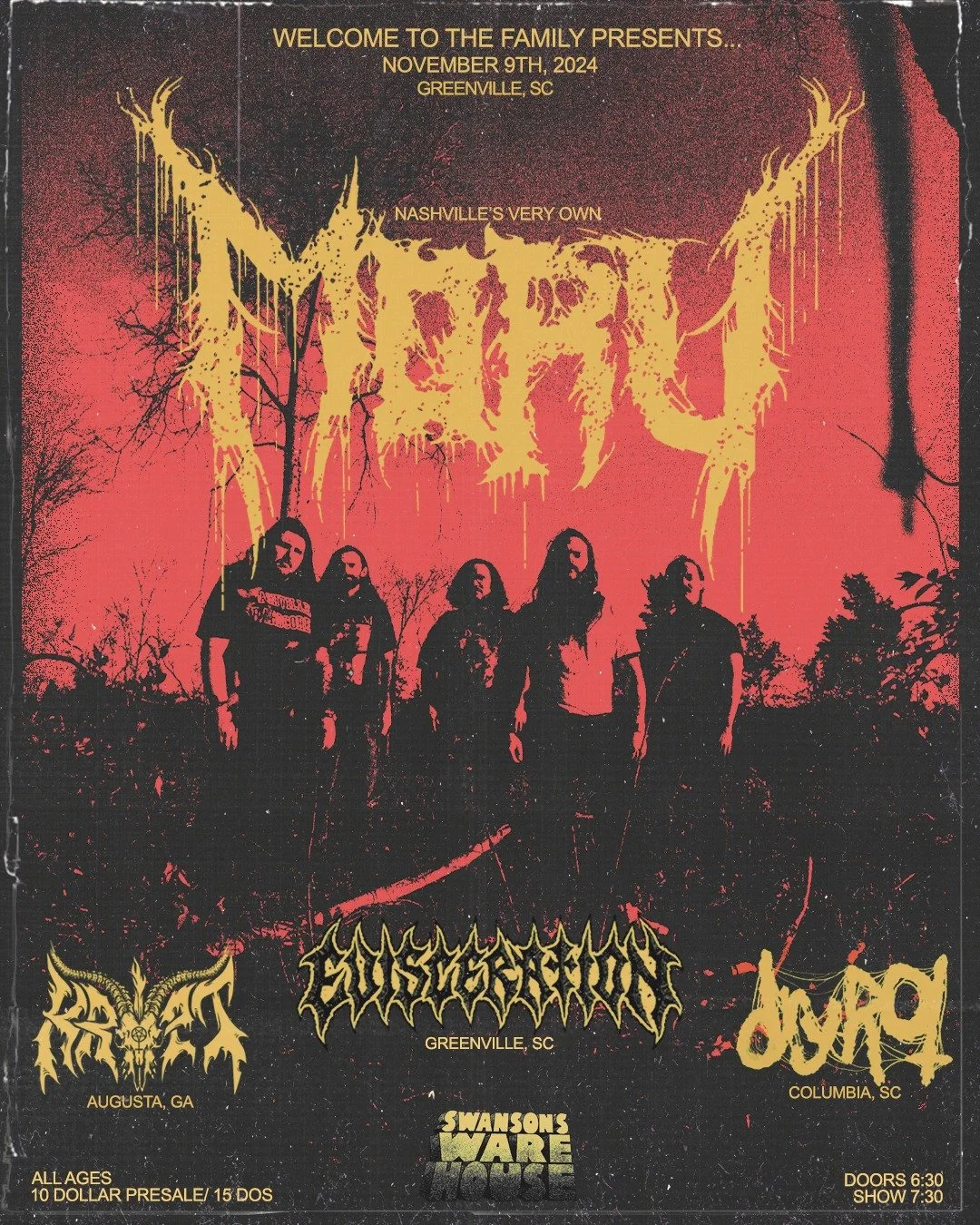 Concert poster featuring band logos, event details, and a dark, moody design.