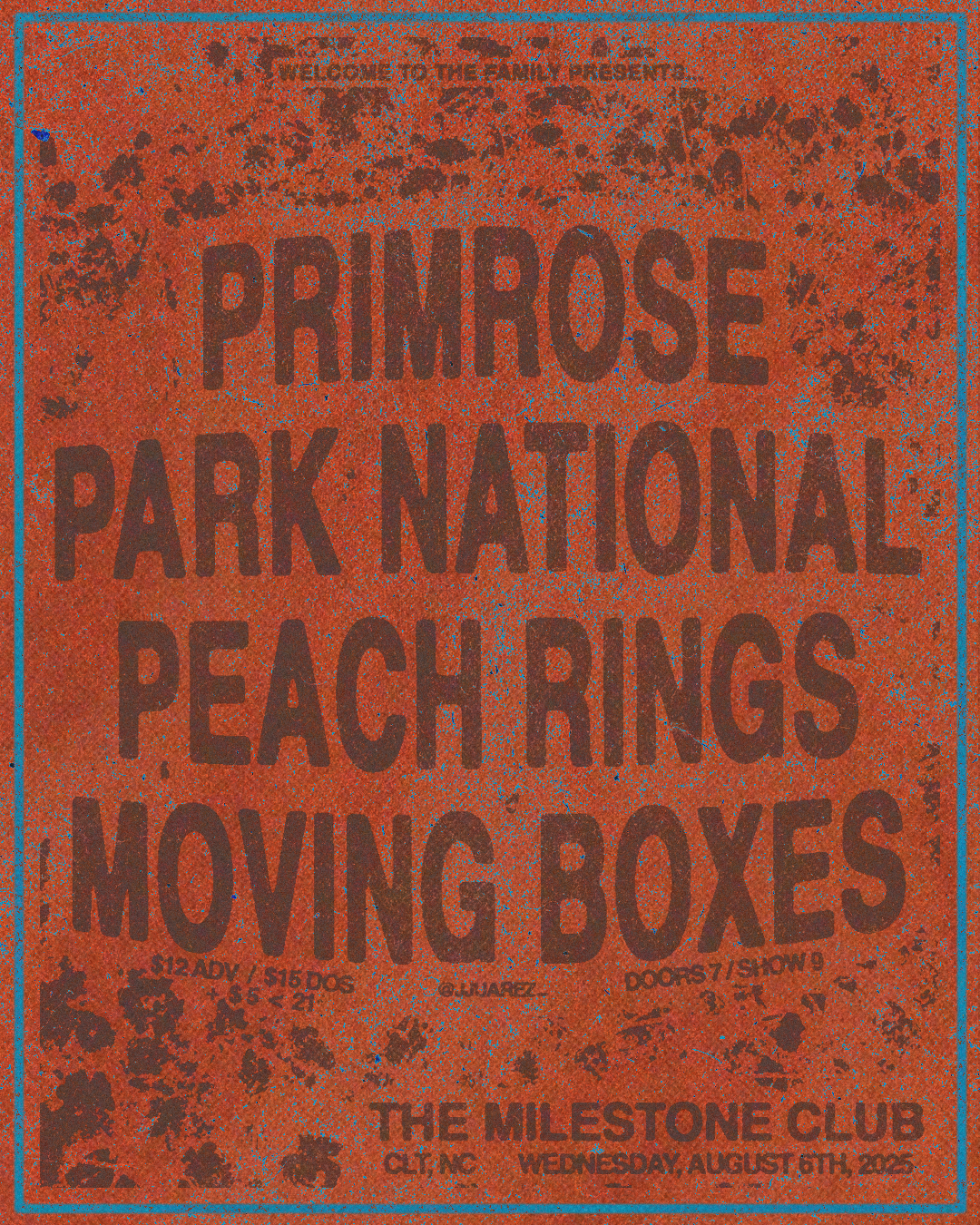 Event poster for Primrose Park National Peach Rings Moving Boxes show at The Milestone Club on Wednesday, August 6th, 2026, with ticket prices and event details.