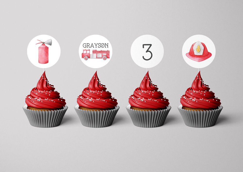 editable cupcake topper firetruck themed for kids birthday party