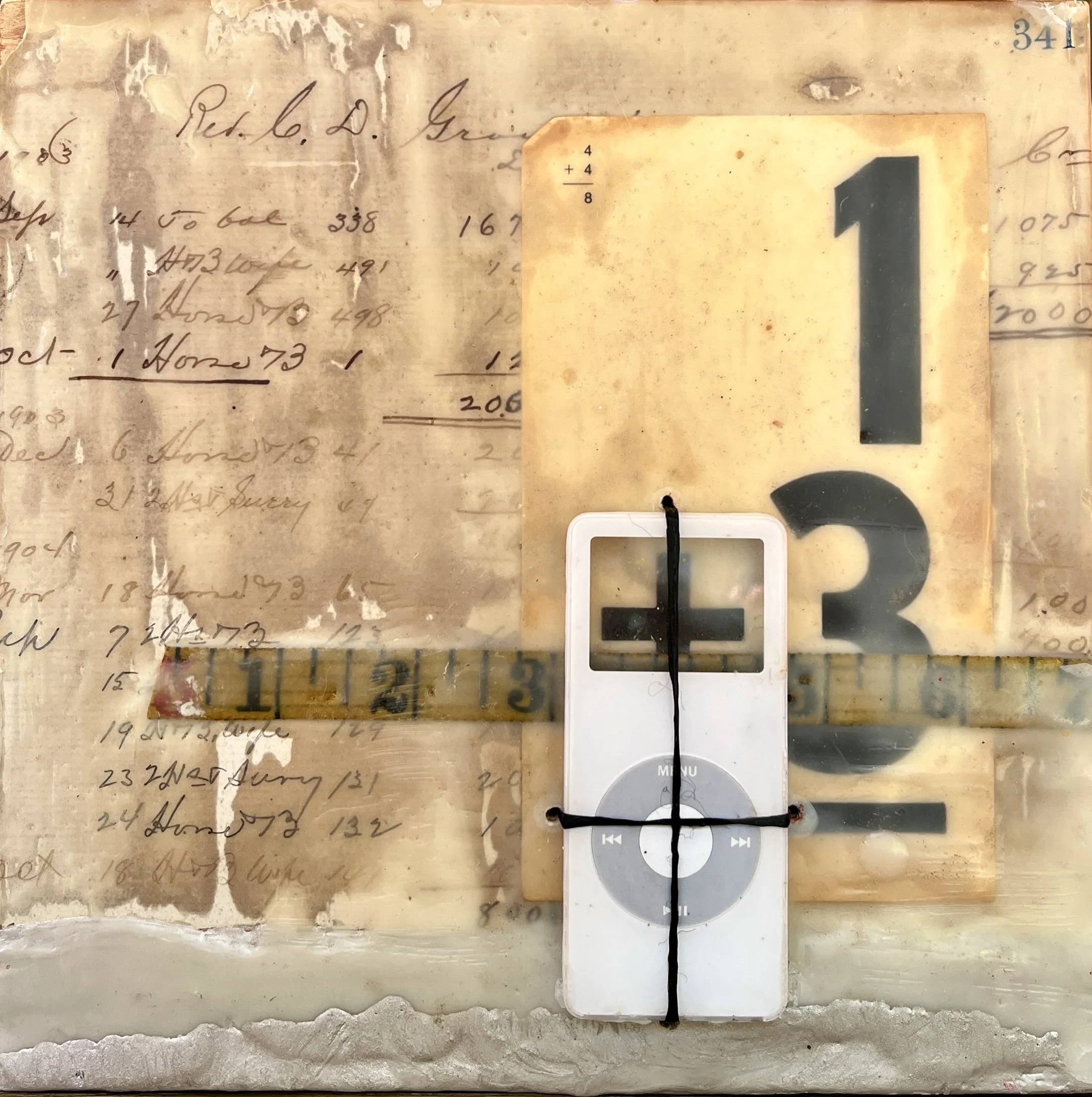 Time and Tech-media encaustic with rust and ipod case _art by Lyz Kelk.JPG
