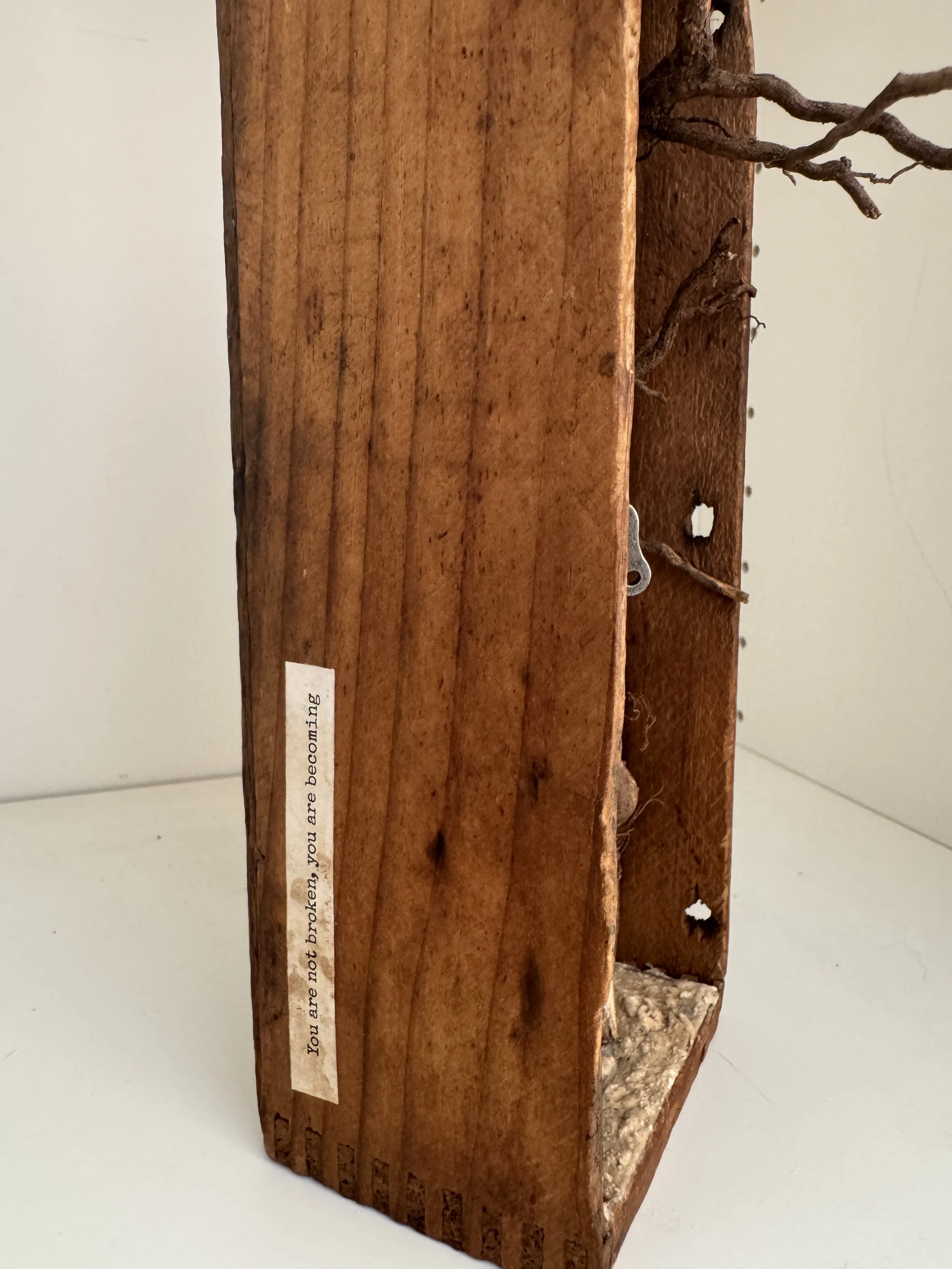 Becoming mixed media assemblage with root, wind up key, altered ephemera_Art by Lyz Kelk_2.jpeg