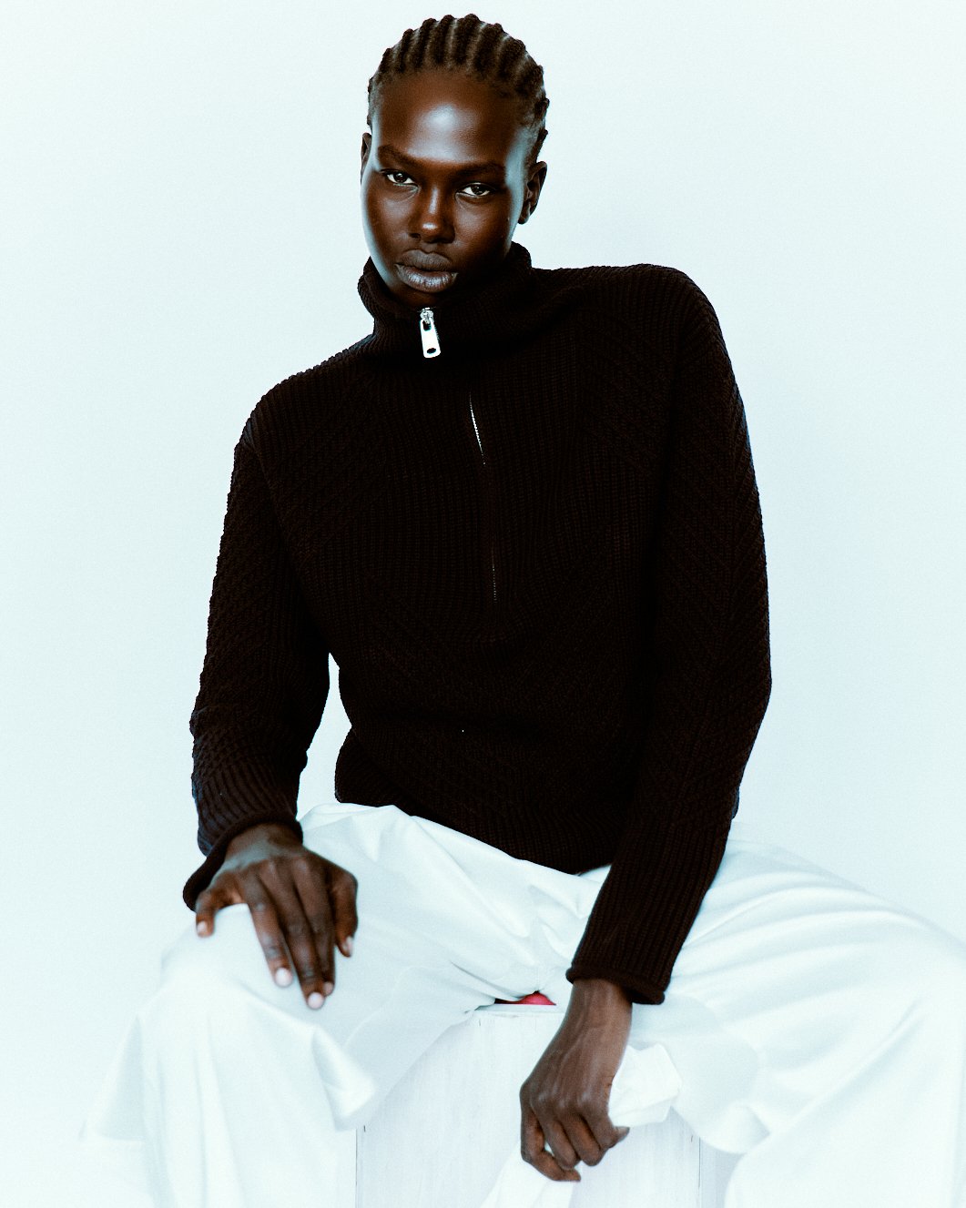 Abok Yor of One Management photographed by Yu Mengci wearing a Zara shirt and Michael Kors shoes