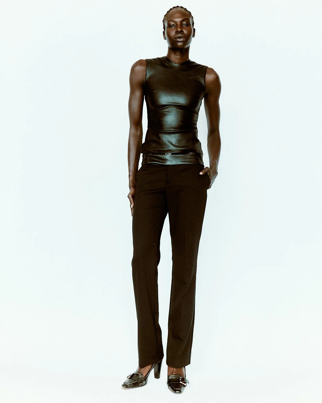 Abok Yor of One Management photographed by Yu Mengci wearing a Zara shirt and Michael Kors shoes