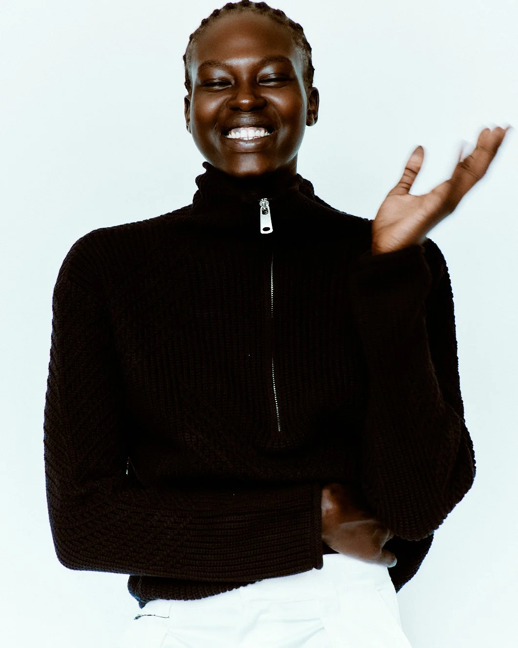 Abok Yor of One Management photographed by Yu Mengci wearing a Zara shirt and Michael Kors shoes