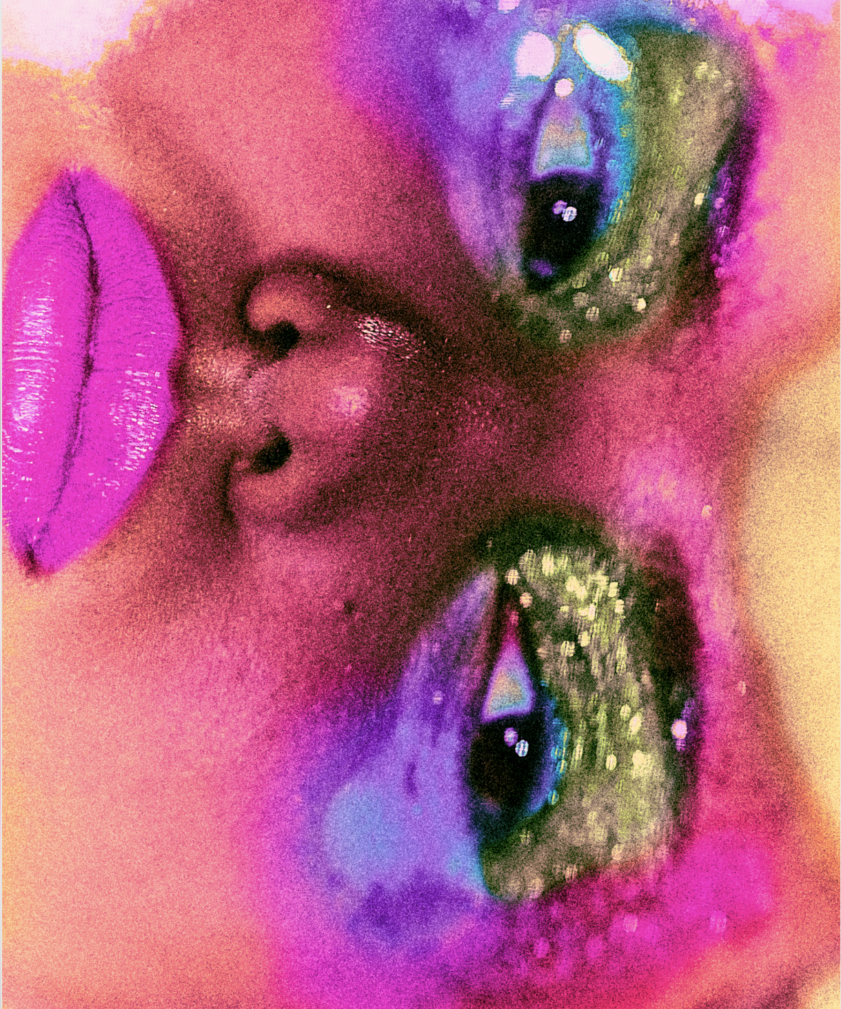 A woman with pink lips and dark skin, sticking out her tongue with green and black lipstick, her eyes wide open and looking upward, in a colorful, abstract, and textured artistic style.