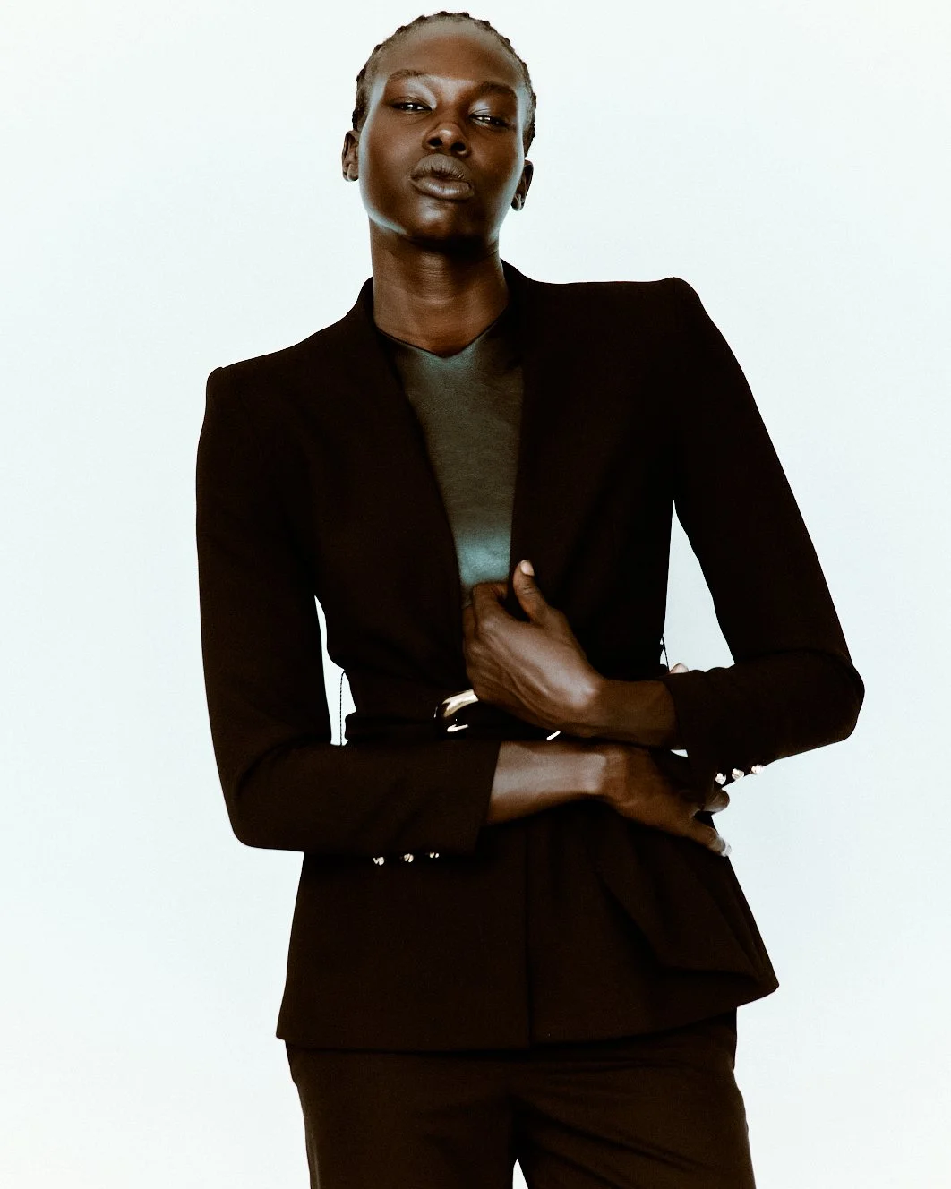 Abok Yor of One Management photographed by Yu Mengci wearing a Zara shirt and Michael Kors shoes