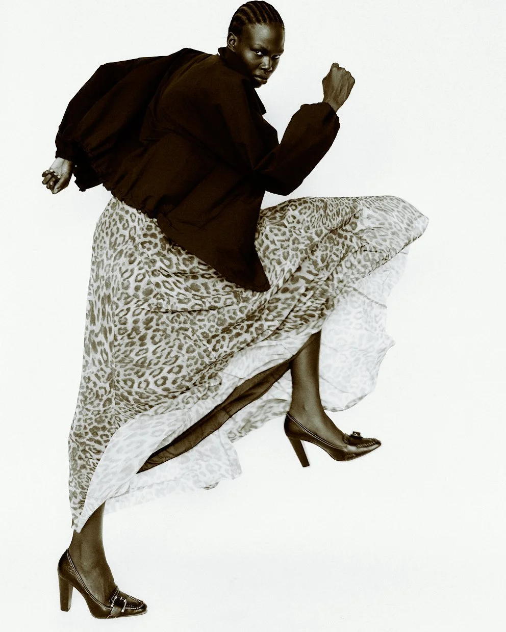 Abok Yor of One Management photographed by Yu Mengci wearing a Zara shirt and Michael Kors shoes