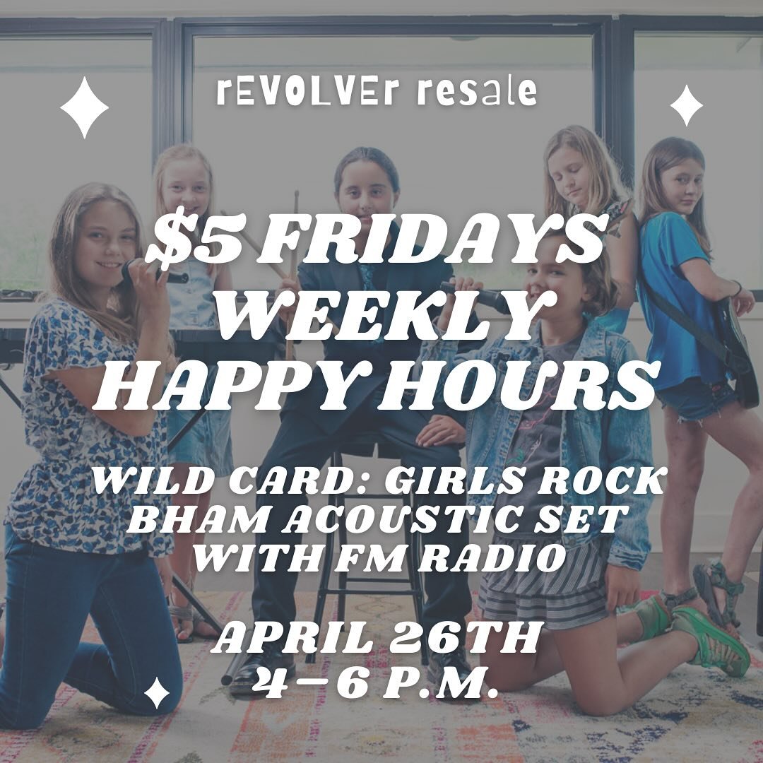 We rescheduled our $5 Friday happy hour with @girlsrockbham to Friday, 4/26, from 4&ndash;6 since we had to cancel last month due to Covid! Proceeds will be split with GRB! 🎶 Come enjoy and support an acoustic duo, this great nonprofit organization,