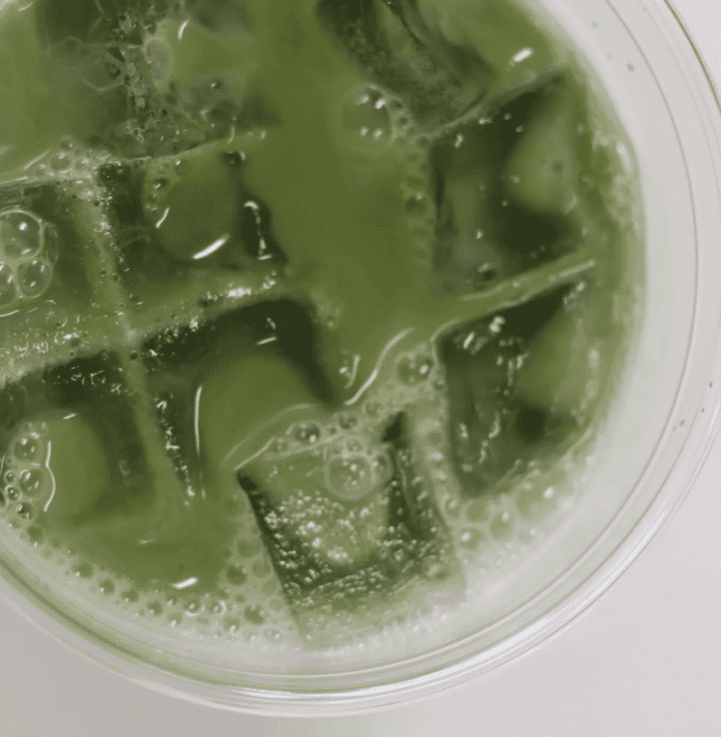 zoom in shot of iced matcha.