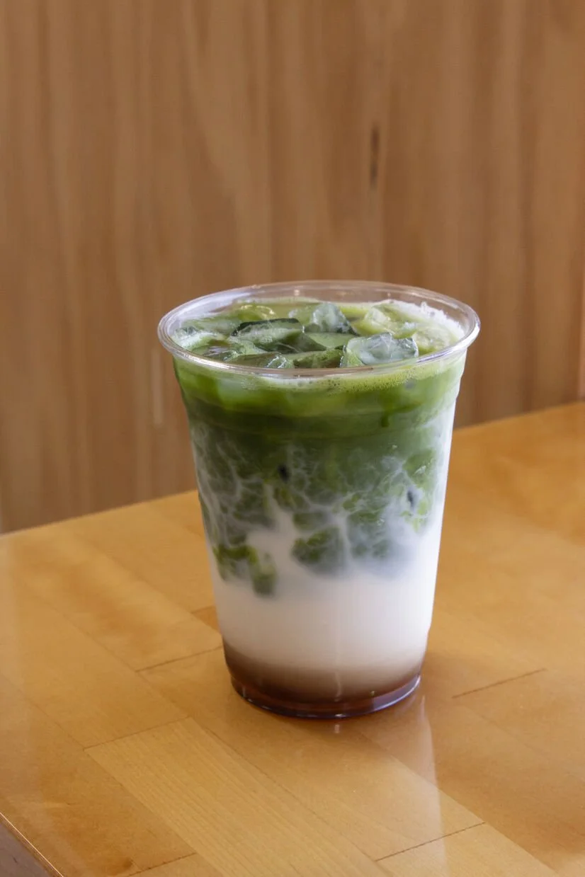 iced sugar and spice matcha on the counter