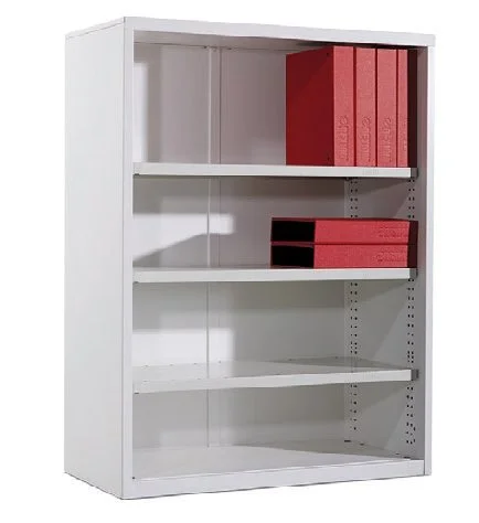 White bookshelf with four shelves, three of which contain red binders and folders