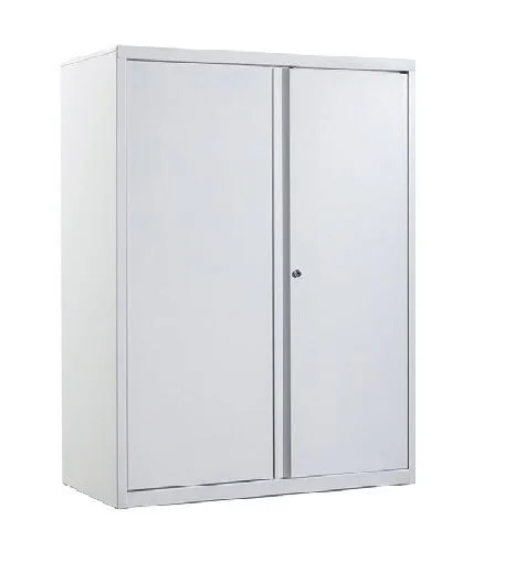 White metal storage cabinet with sliding doors and a small lock.