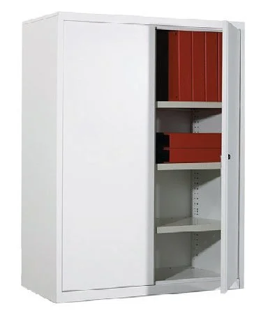White metal filing cabinet with two shelves, partially opened door, containing red binders and other office supplies.