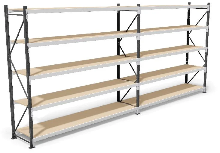 Industrial metal shelving unit with four wooden shelves against a white background.