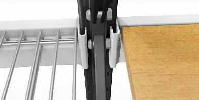 Close-up of a metal shelving unit with a black connector joint, adjacent to a wooden surface.