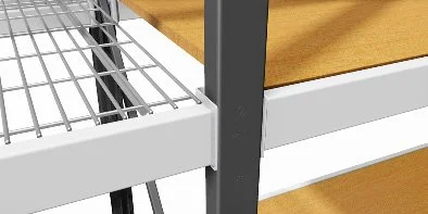 Close-up of a white metal wire shelf attached to a gray metal frame, next to a wooden surface.