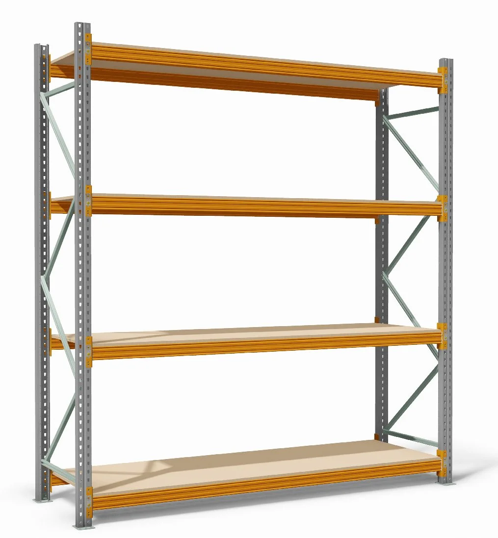 Metal shelving unit with four orange shelves and gray metal supports.