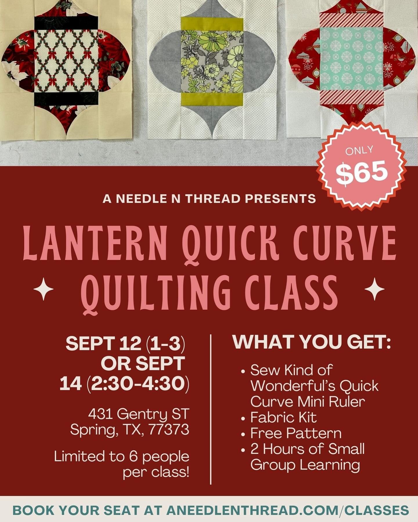 If you&rsquo;re interesting in learning how to use the Quick Curve Mini Ruler and make this beautiful lantern quilt block, join us for one of our *first* group classes in the shop! Spots are limited to 6 people per session so sign up online today bef