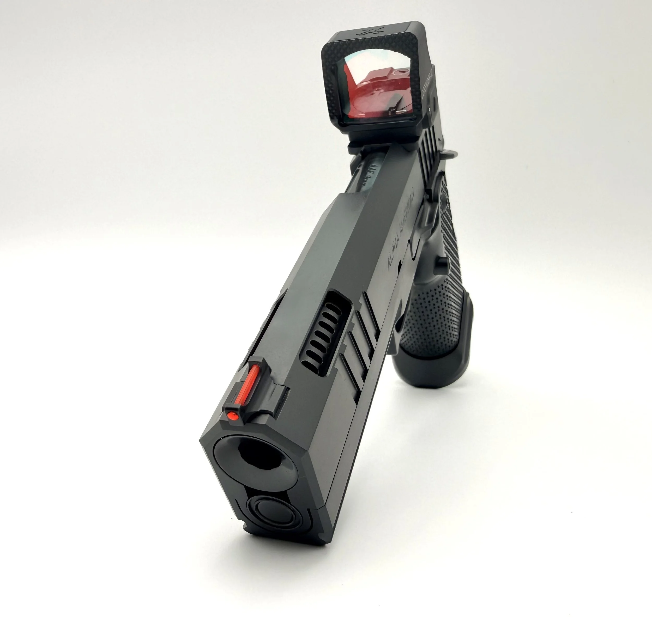 Close-up of Warfighter monolithic slide with dual porting for flatter shooting