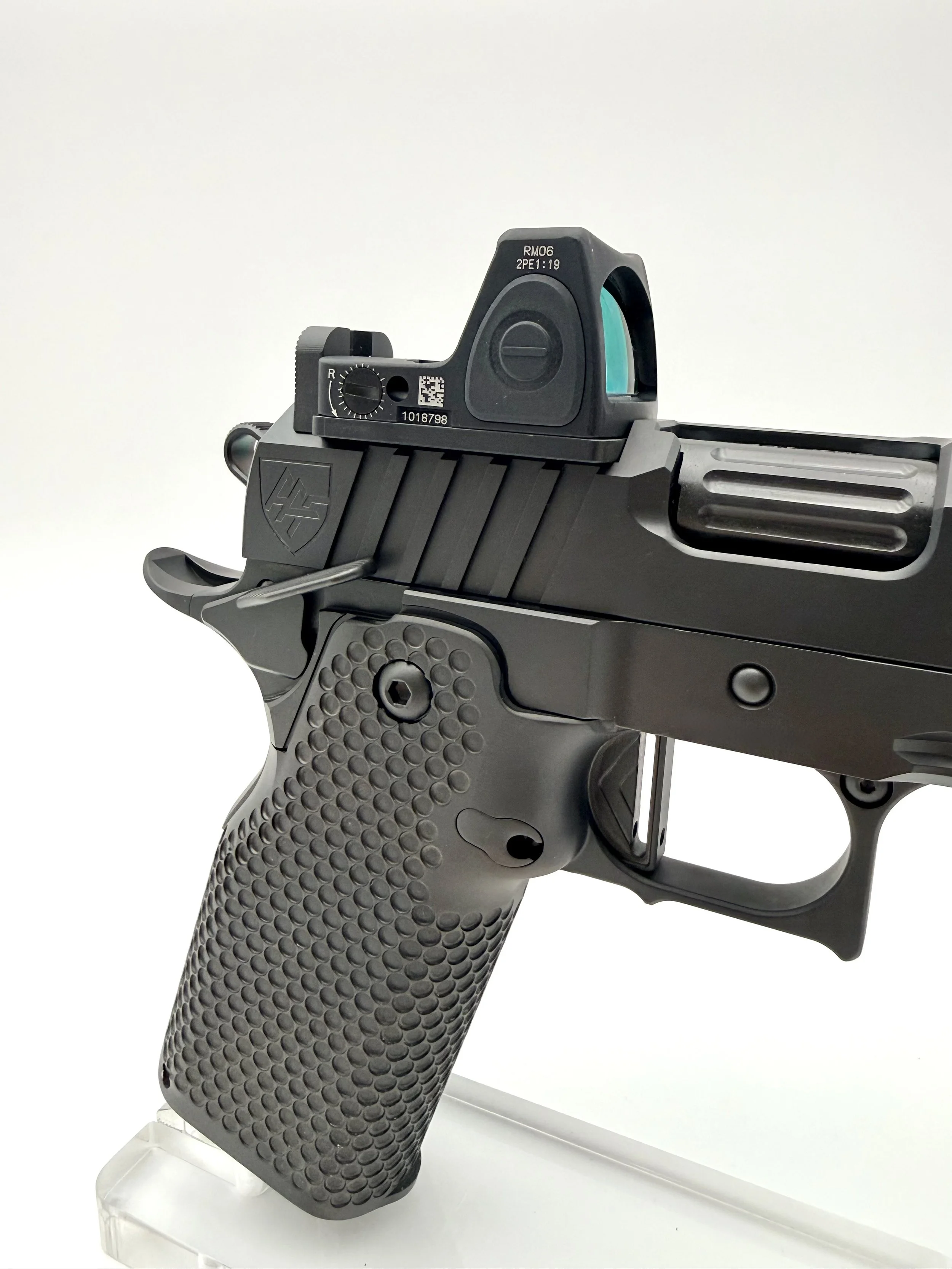 Alpha American Vanguard double stack 1911 aluminum grip with aggressive texturing for control and comfort with fluted barrel hood