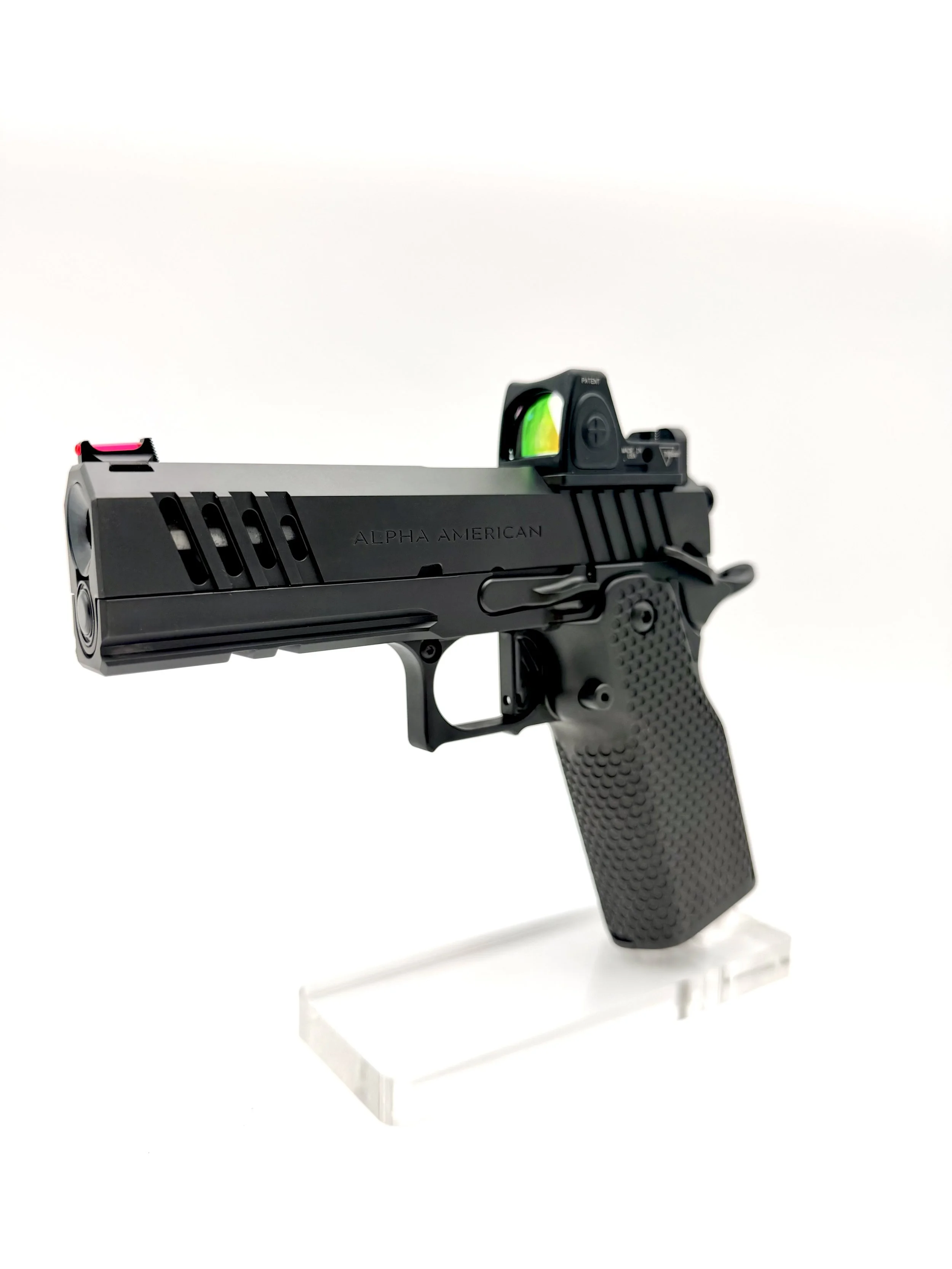 Vanguard Commander model double stack 1911 with ported serrations and aluminum grip, left side view.