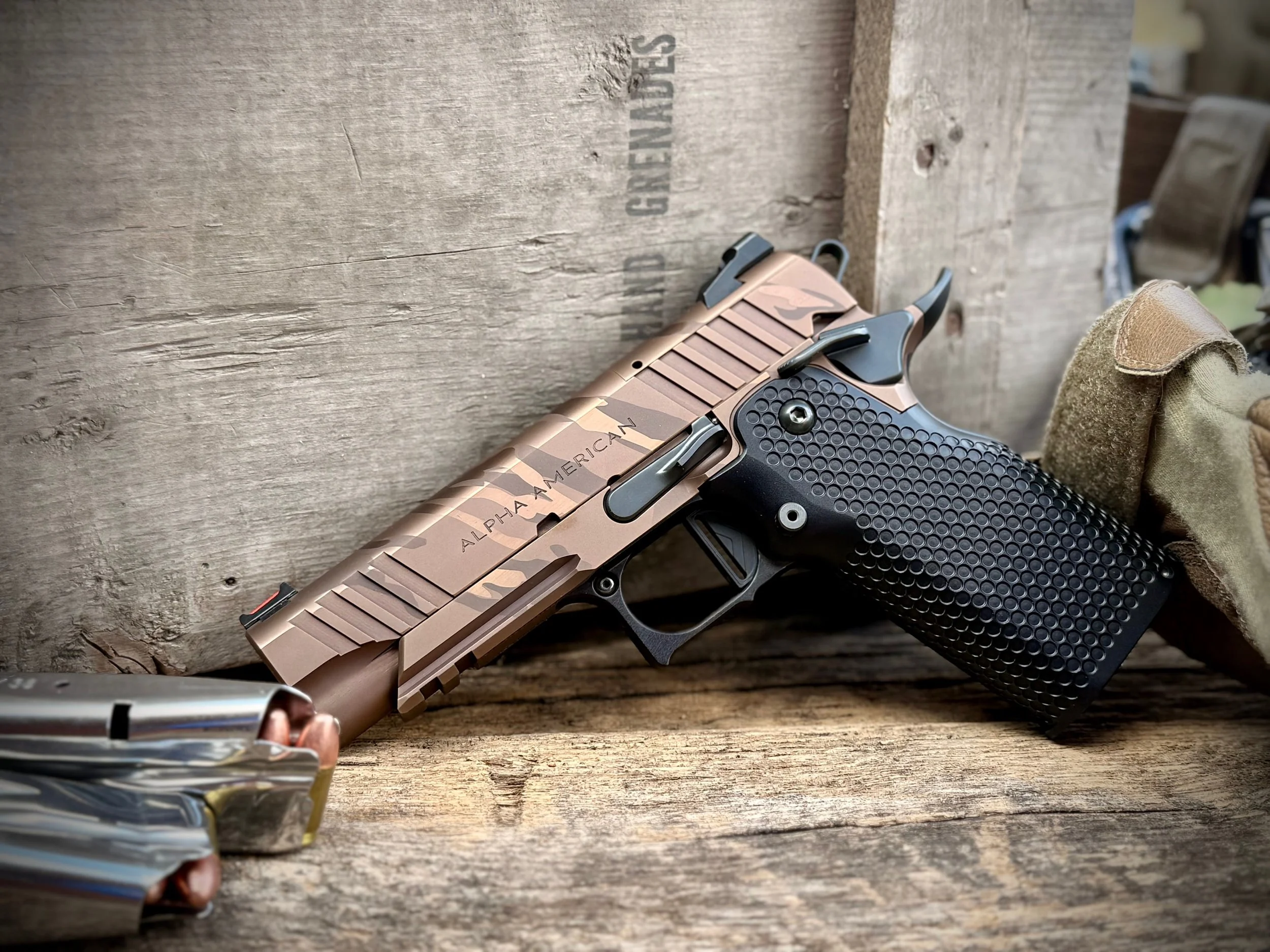 Alpha American Firearms Tiger Stripe Copperhead Camo finish on an AAF 3 4.25"