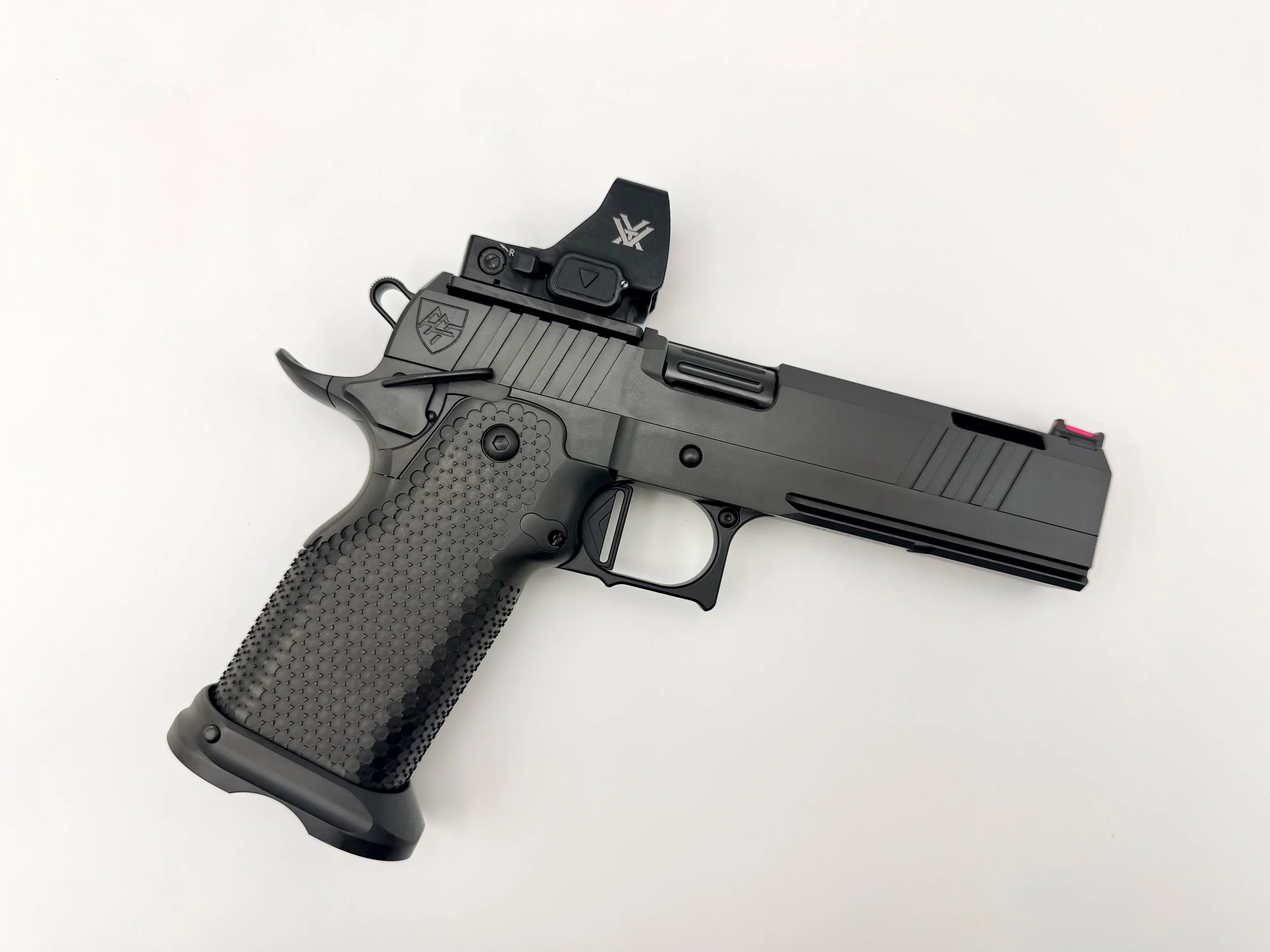 Warfighter dual port double stack 1911 pistol right side profile with DLC finish
