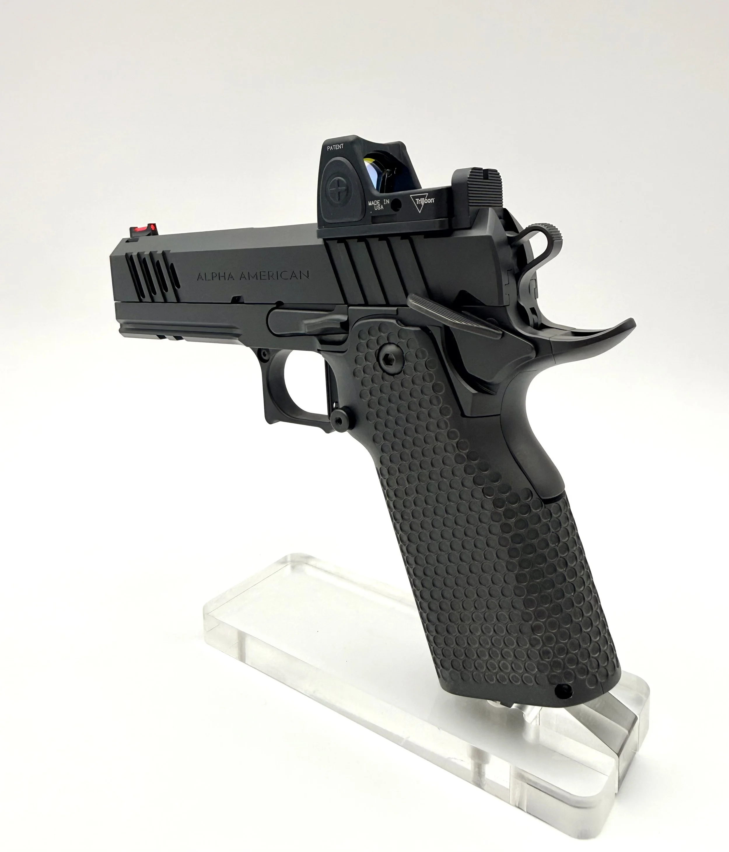 Vanguard double stack 1911 rear view showing grip texture, ambidextrous safety, and serrations