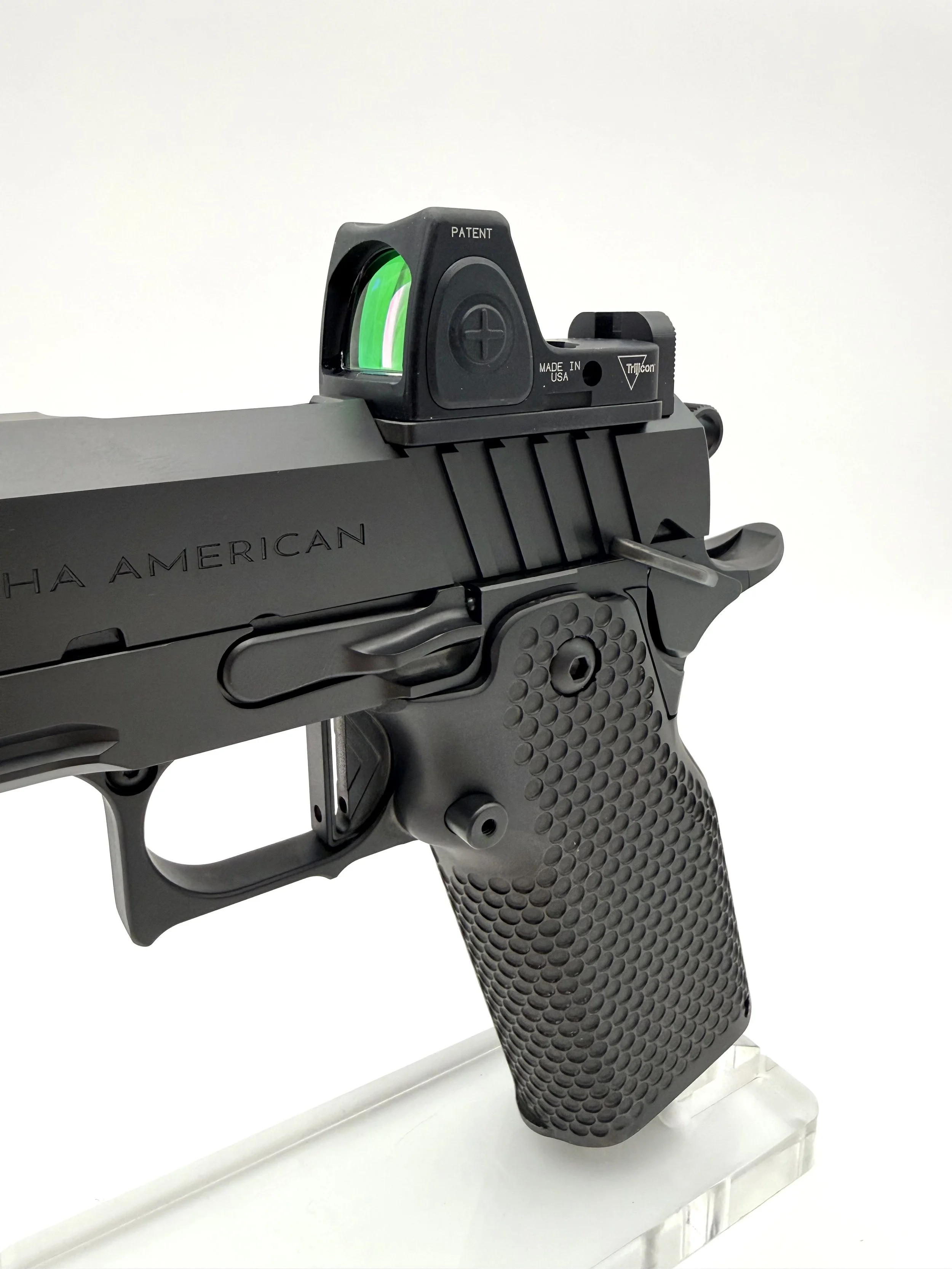 Detail of Vanguard’s slide serrations, designed for confident manipulation and tactical grip, red dot optic plate included
