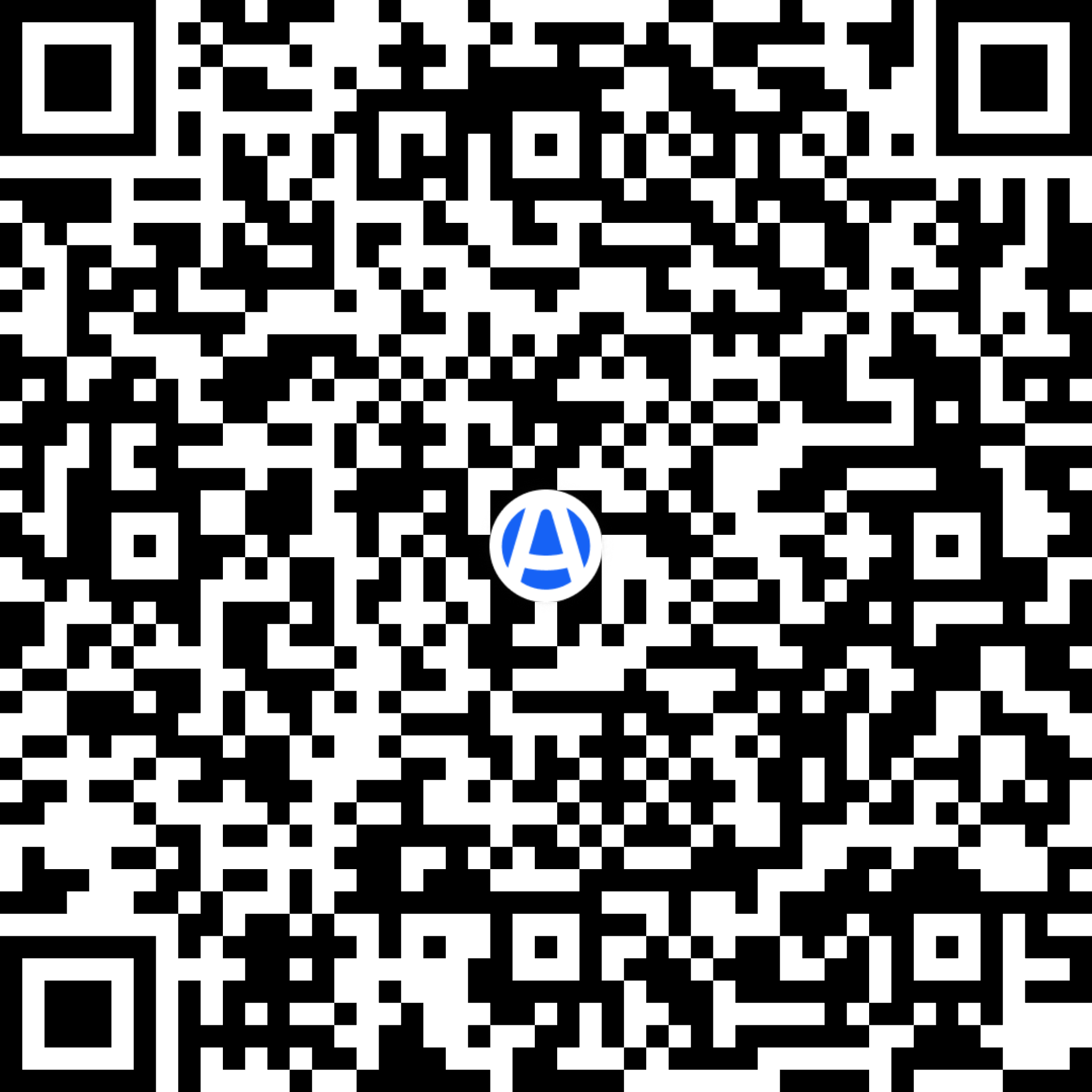This is a QR code with a blue and white logo in the center.