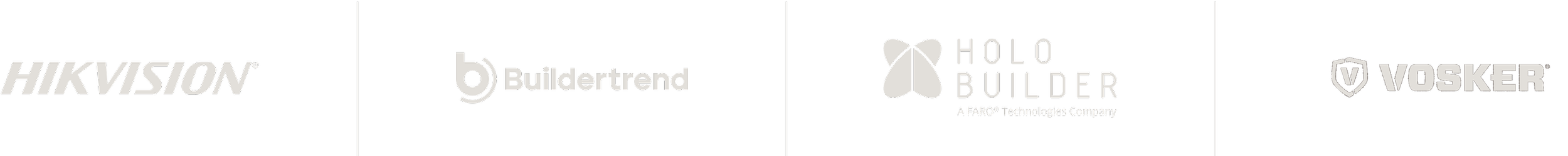 Logos of Hikvision, Buildertrend, HoloBuilder, Vosker on a black background.