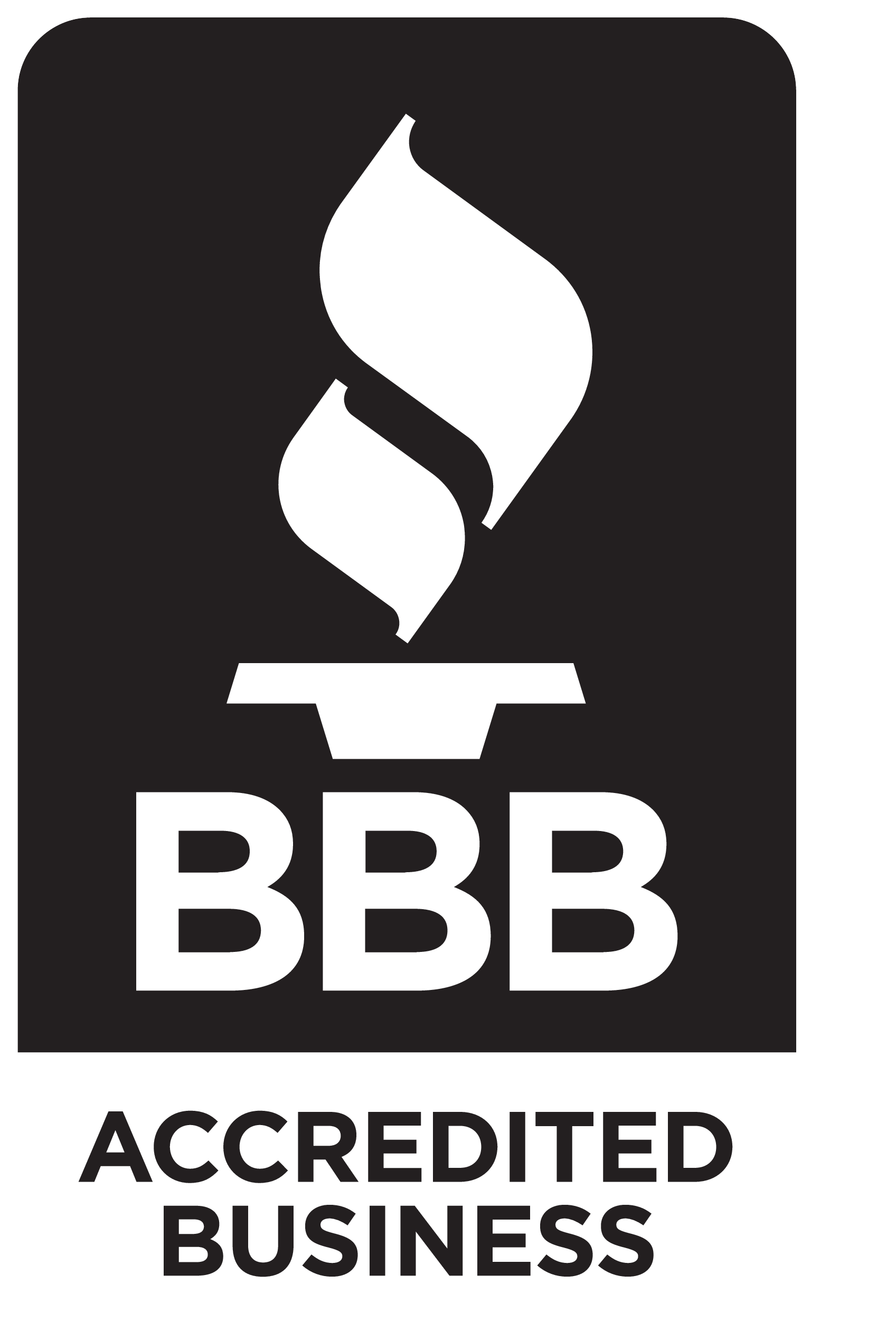 BBB accredited business logo with a black background, white flame symbol, and the text "BBB ACCREDITED BUSINESS" below.