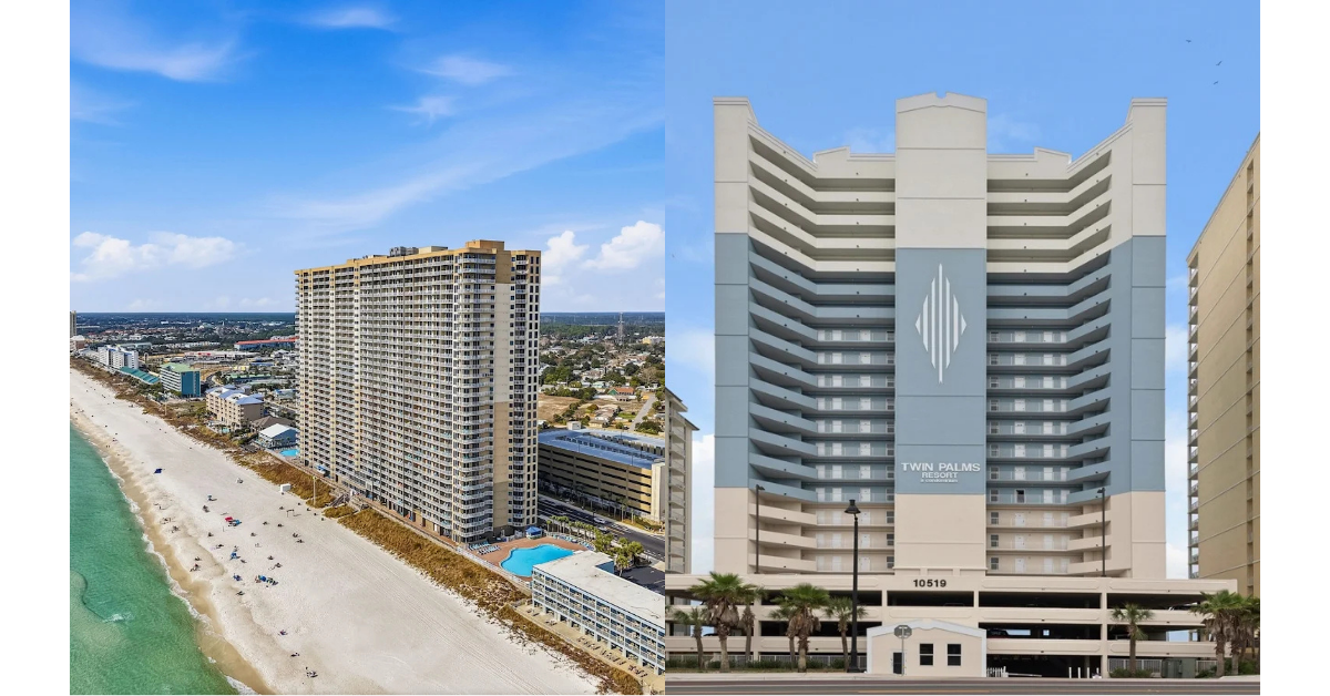 Side-by-side views of two high-rise beachfront hotels in Florida. The left shows a beach with a large hotel, a swimming pool, and a clear blue sky. The right features Twin Palms Resort with a modern design, palm trees in front, and a blue sky.