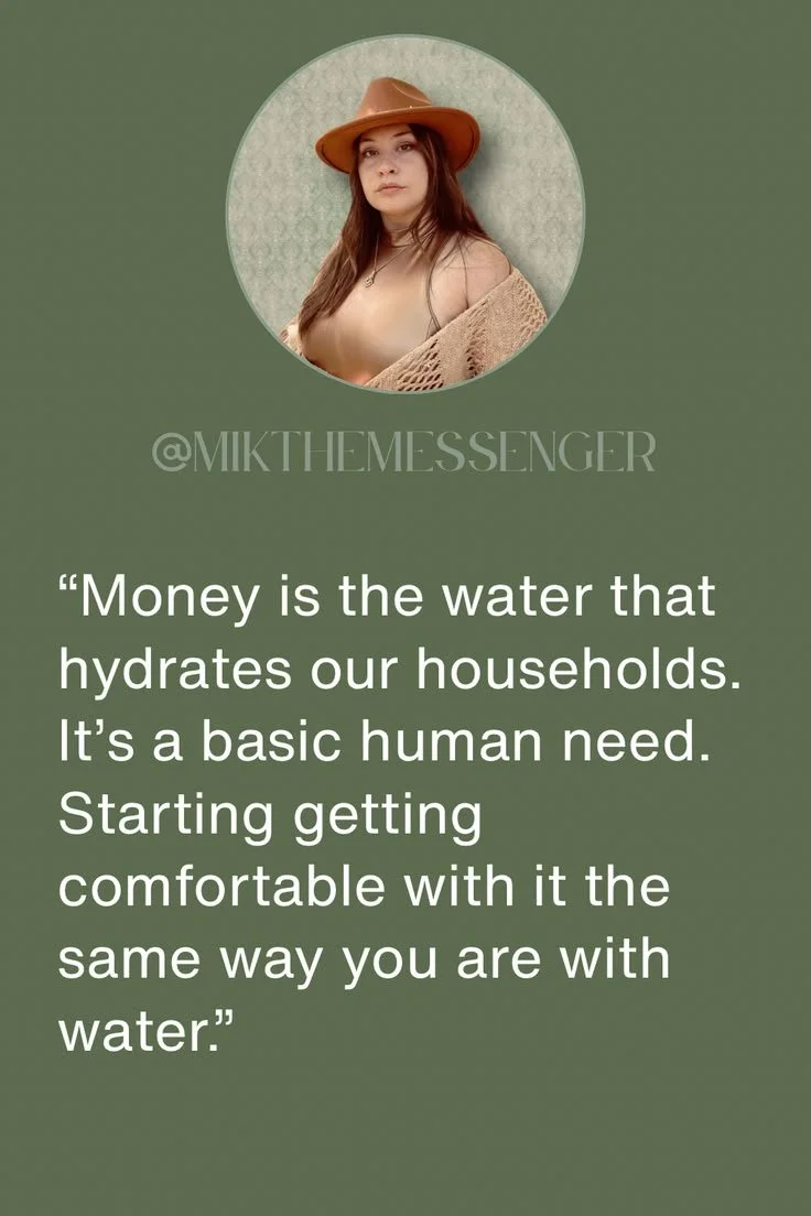 A woman wearing a brown hat and beige top with a beige shawl, standing against a textured background, with a quote about money and water below.