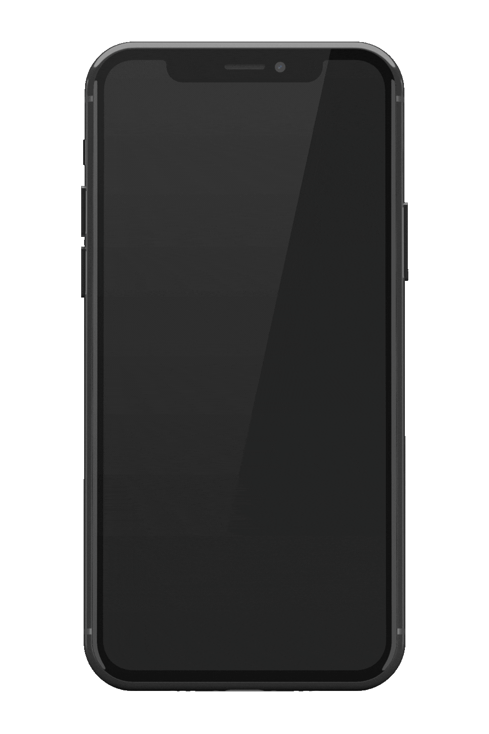 A modern smartphone with a dark screen and a black frame, set against a dark background.