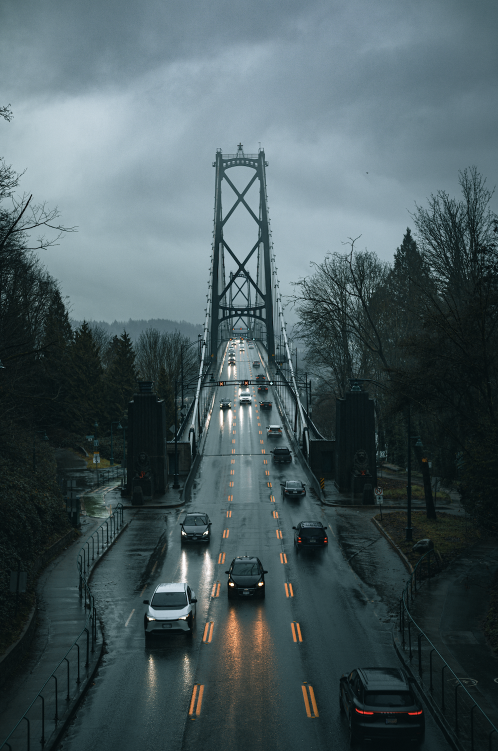Overcast scene of a suspension bridge with vehicles driving across, with wet road surface reflecting lights, and trees on both sides under a gray sky.