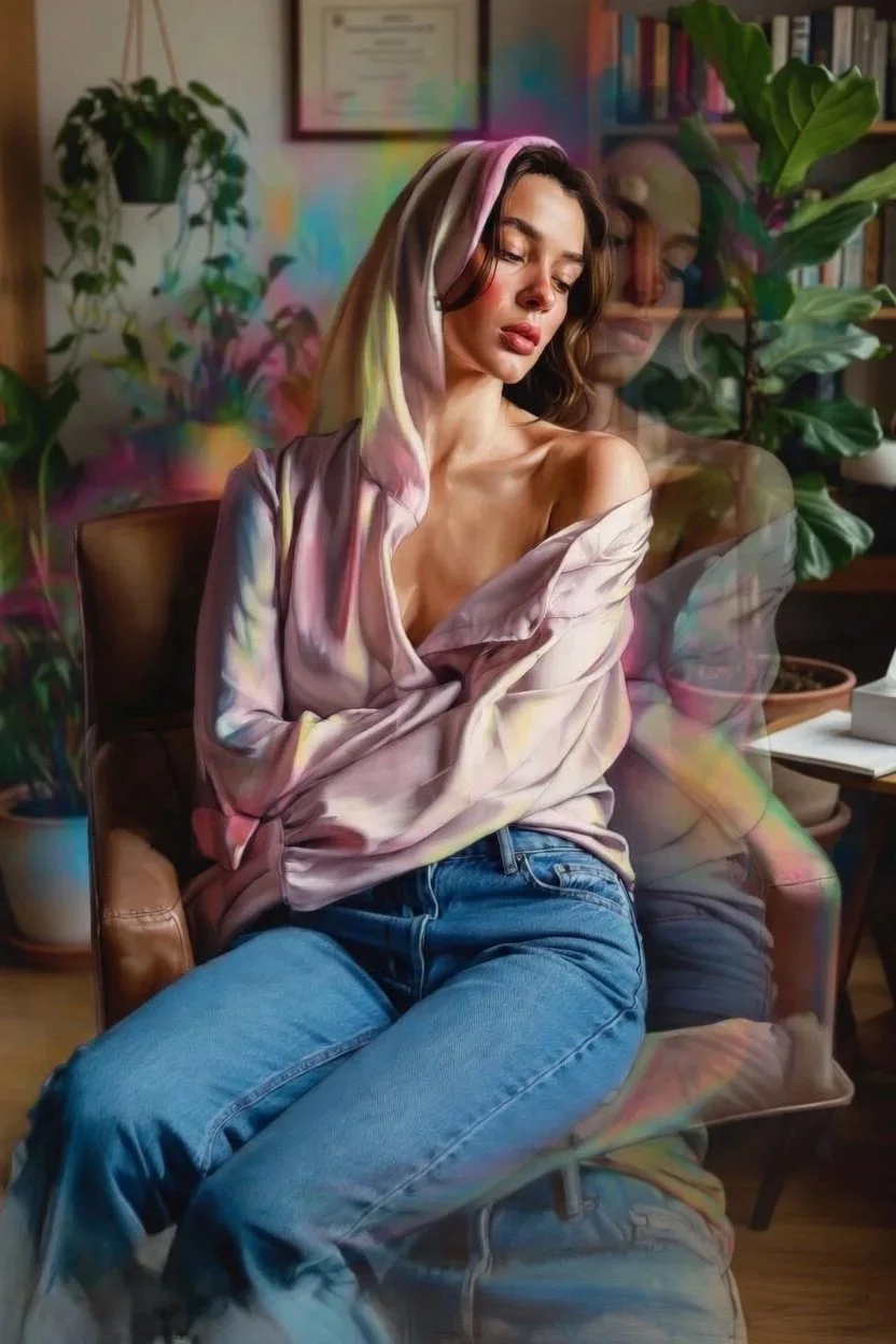 Mulher sentada em uma cadeira de couro marrom, usando uma blusa solta com capuz e jeans, com plantas ao fundo e uma estante de livros. A imagem tem um efeito de reflexo ou duplicação translúcida.
