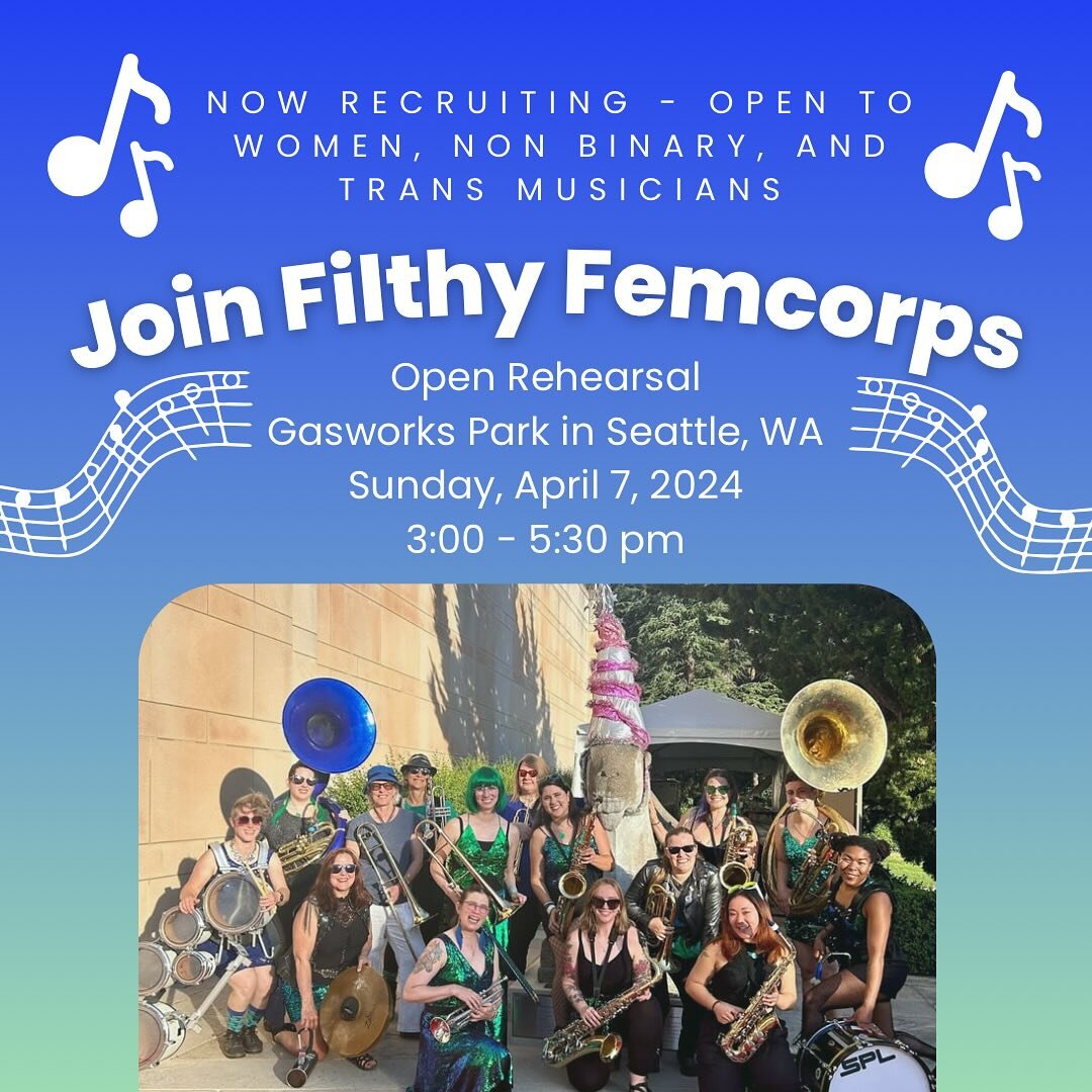 📣 We are the lookout for new members to join our musical community! 💙💚

Join us for our upcoming open rehearsal at Gasworks Park on Sunday, April 7, from 3 to 5:30 pm

Whether you&rsquo;re a seasoned musician or are dusting off your instrument aft