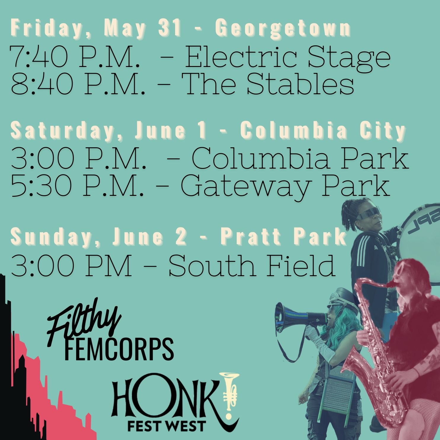 Here's where to find us at HONK! Fest West next weekend!! tell your friends 🎉💙💚 #honkfestwest #honkfest #seattle #seattlemusic