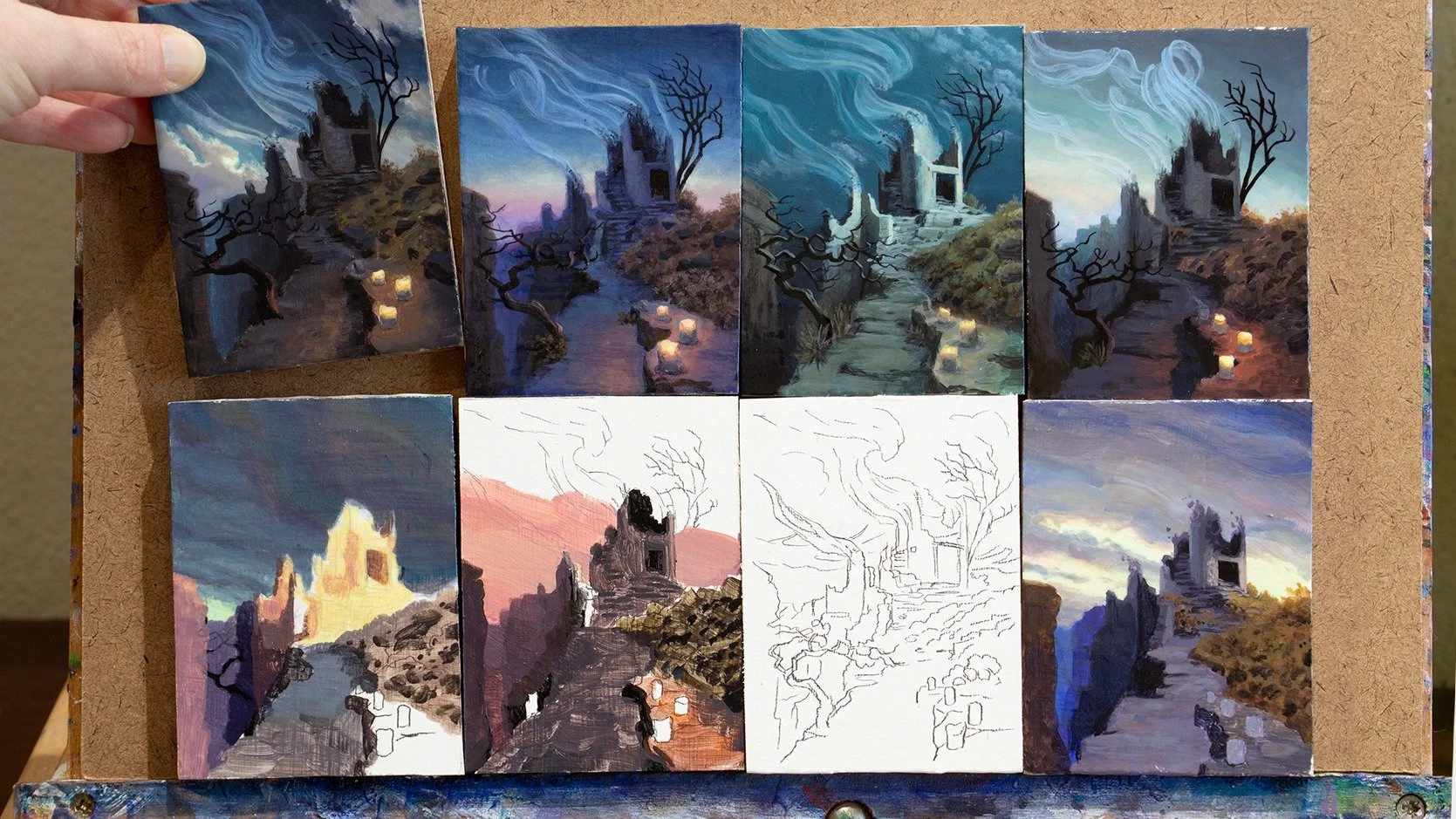 Color studies - I really wanted to nail the somber mood, and testing out different lighting and skies is key! 

These are for Character in Context, a show in the A.R. Mitchell Museum that fills the second floor with original art hung next to the prel