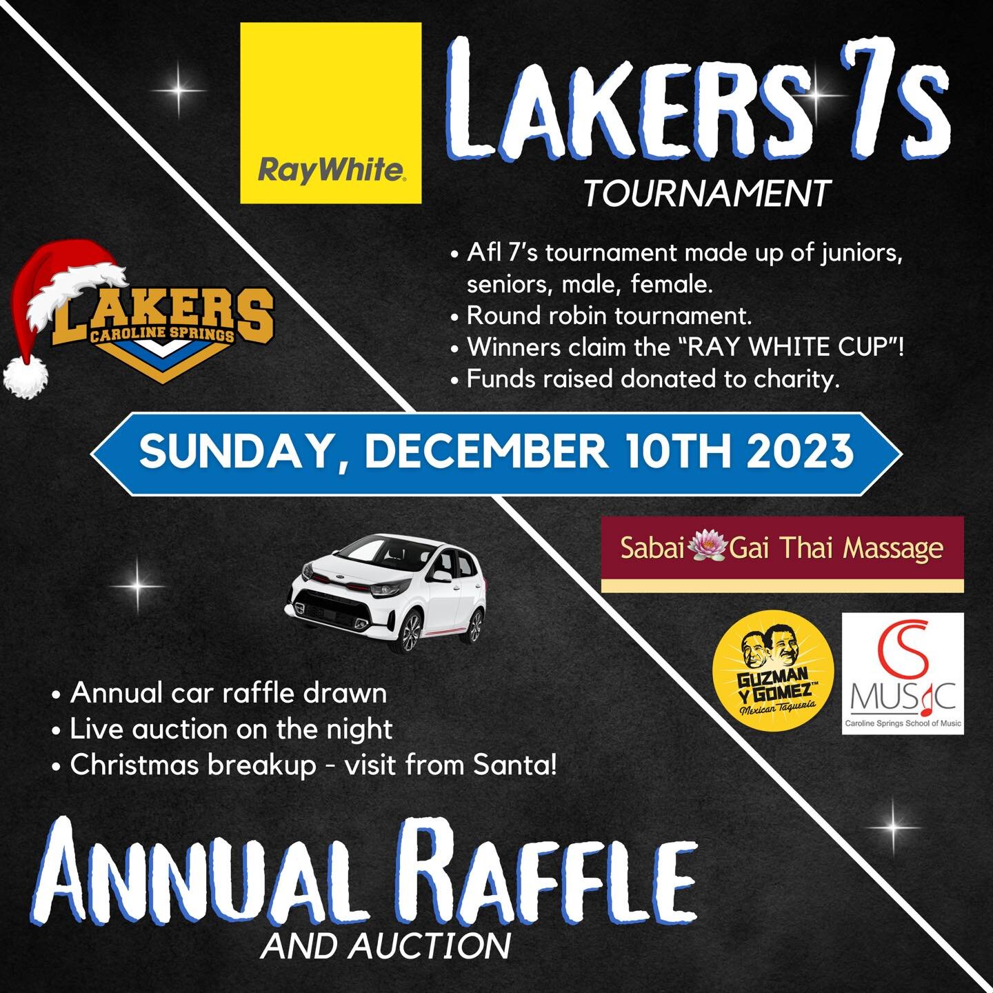 Thanks to our good friends at @raywhitecarolinesprings, we present our inaugural Lakers 7s Tournament and Annual Raffle/Auction night for 2024!

Both events will take place on Sunday, December 10th 2023, commencing with the Lakers 7s Tournament at 1p