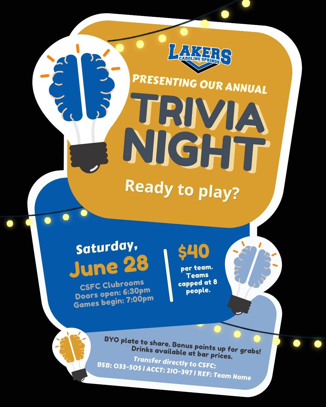 Trivia Night is officially SOLD OUT ‼️
We can't wait to see everyone packed in the rooms tomorrow night! A couple of reminders for those attending:
- Doors open at 6:30pm. Games will begin at 7pm sharp.
- BYO plate to share. As usual, bonus points f