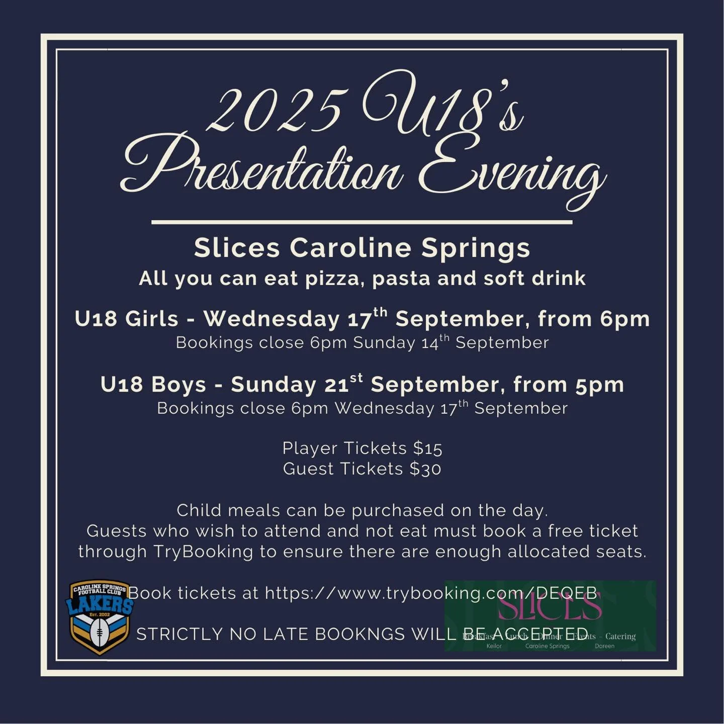 Tickets are now available for our U18’s Presentations 🏆
Tickets must be purchased through https://www.trybooking.com/DEQEB prior to the event date. Please ensure you select the correct date for your team as changes to bookings cannot be made