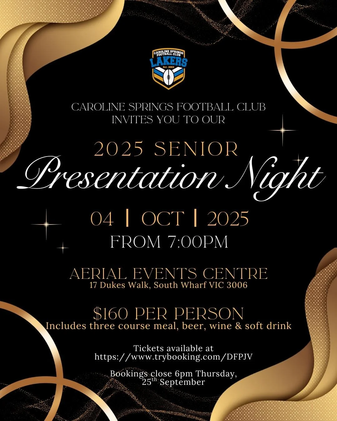 We formally invite you to join us for our senior presentation night, held at Aerial Events Centre on the 4th of October 2025 🏆
Join us as we crown our Best & Fairest and award winners for our Senior Men, Senior Women, Reserves Men, Reserves Wom